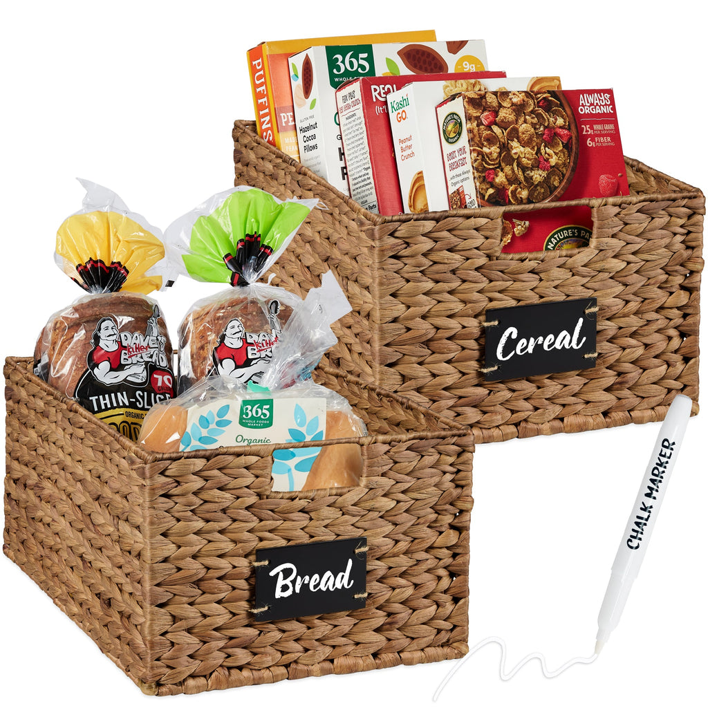 Set of 2 Water Hyacinth Pantry Baskets w/ Chalkboard Marker - 16in