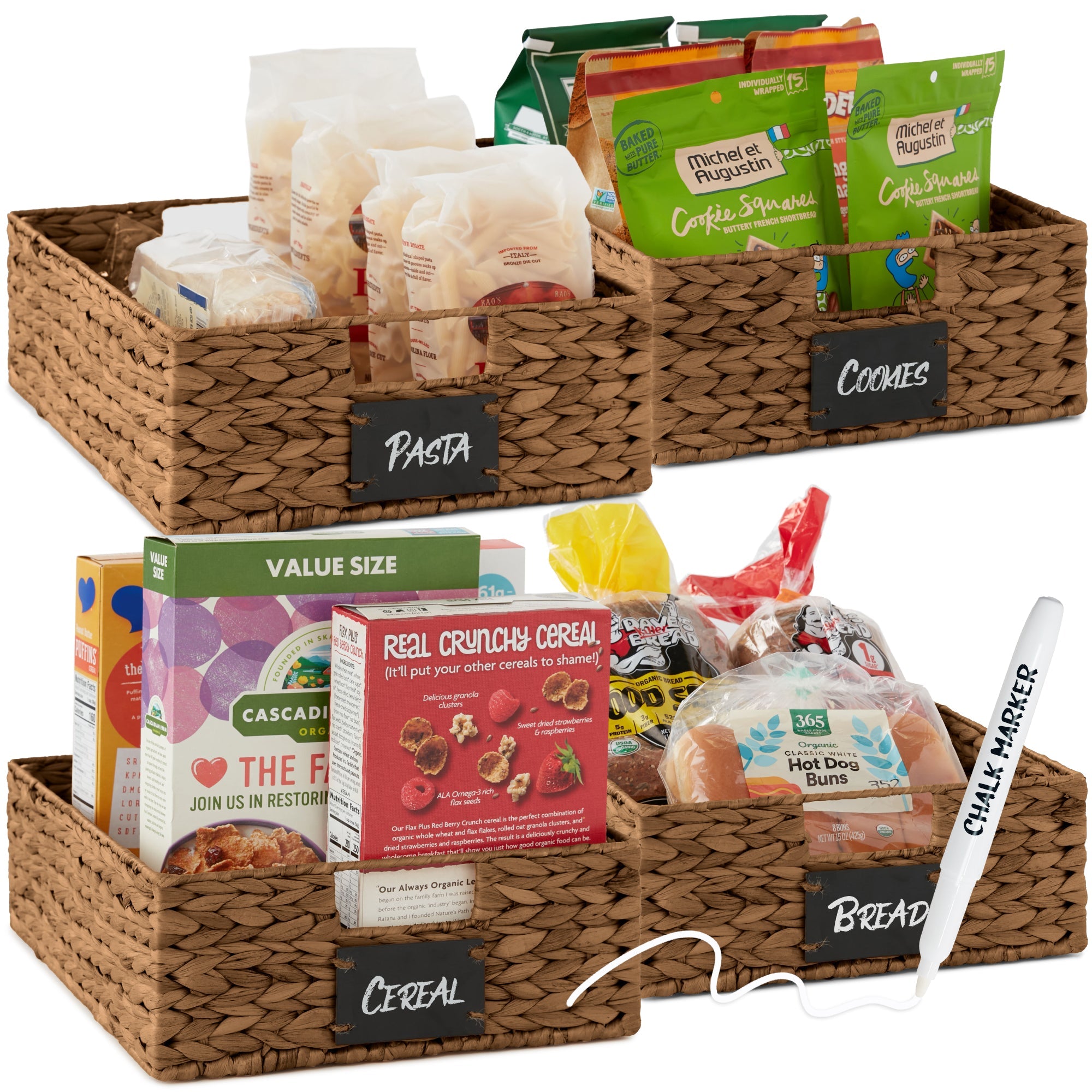 Set of 4 Water Hyacinth Pantry Baskets w/ Chalkboard Chalk Marker
