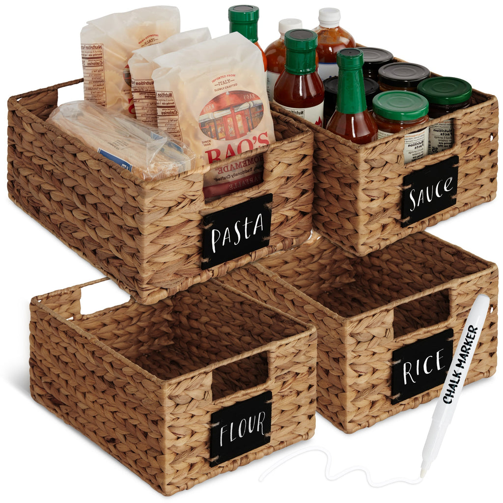 Set of 4 Water Hyacinth Pantry Baskets w/ Chalkboard Marker - 12in