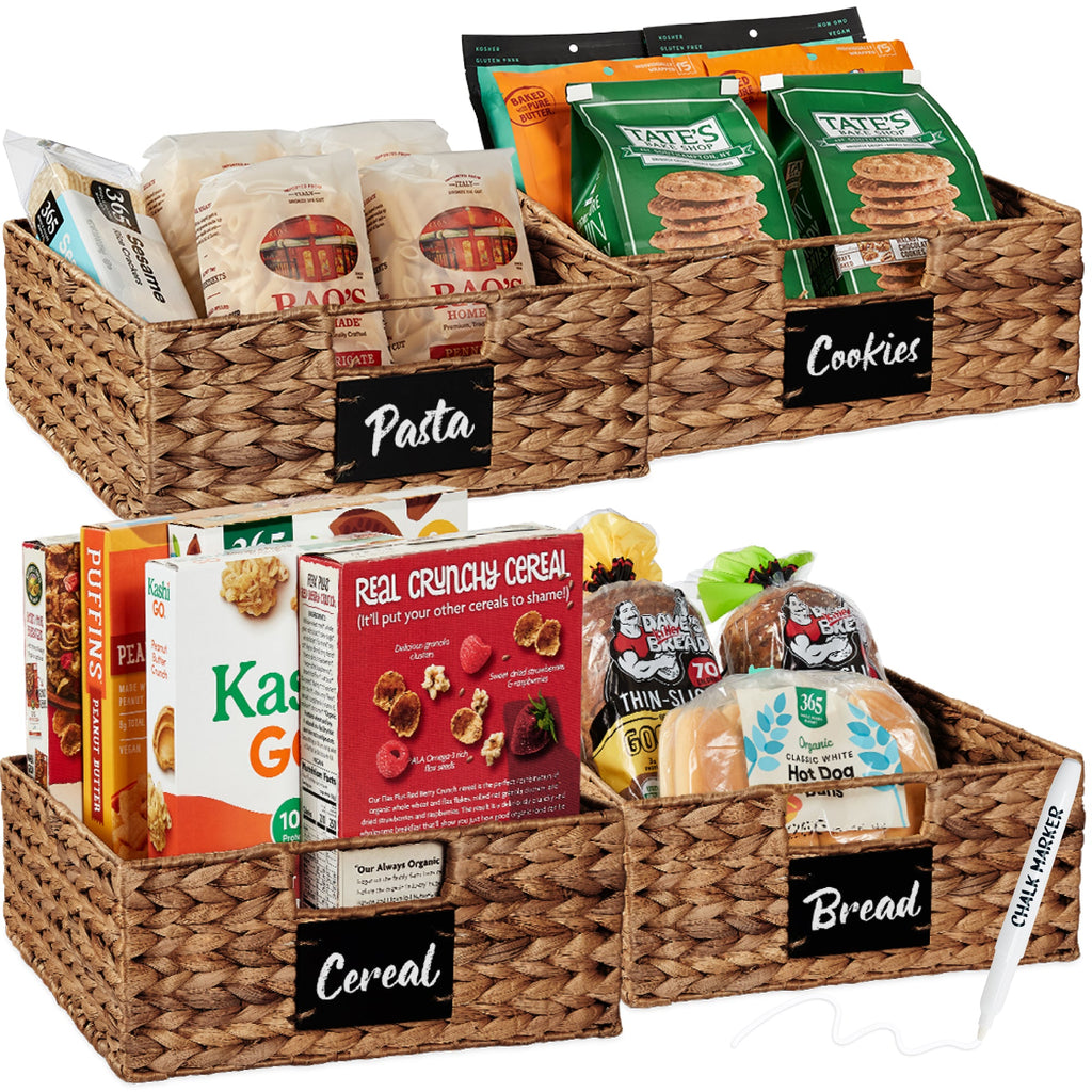 Set of 4 Water Hyacinth Pantry Baskets w/ Chalkboard Marker - 13in