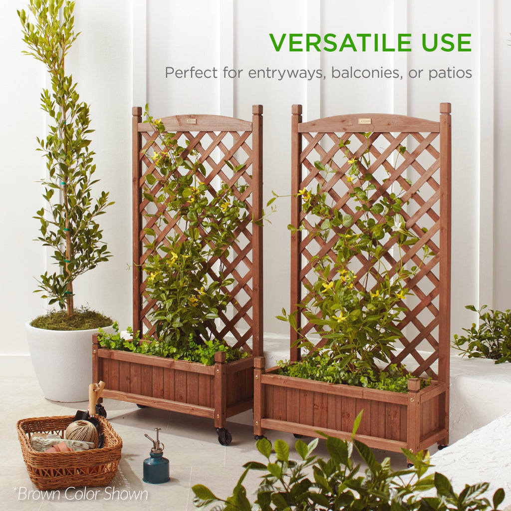 Set of 2 Wood Planter Box & Lattice Trellis w/ Optional Wheels - 48in