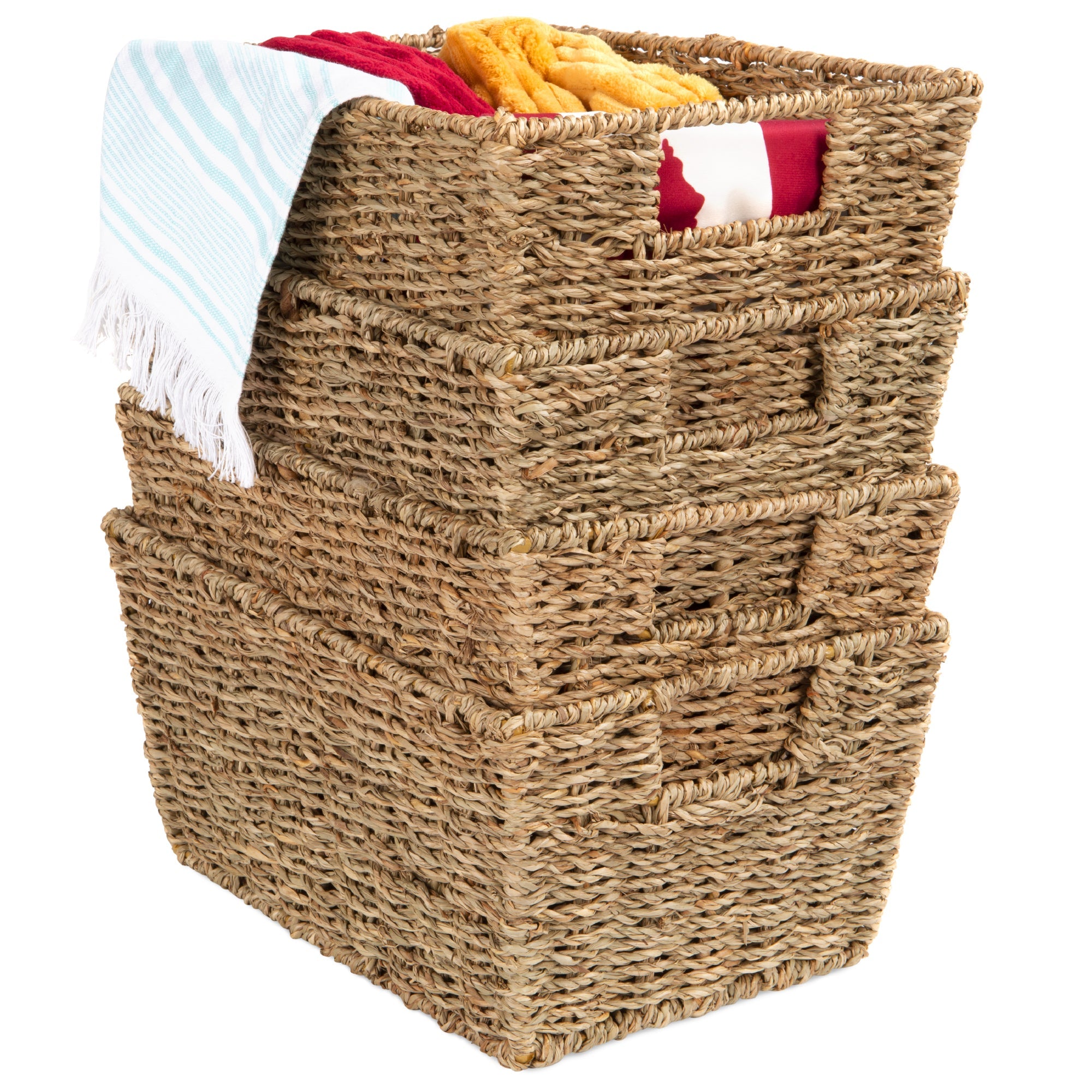 Set of 4 Seagrass Storage Tote Baskets Laundry Organizer w/ Insert Handles