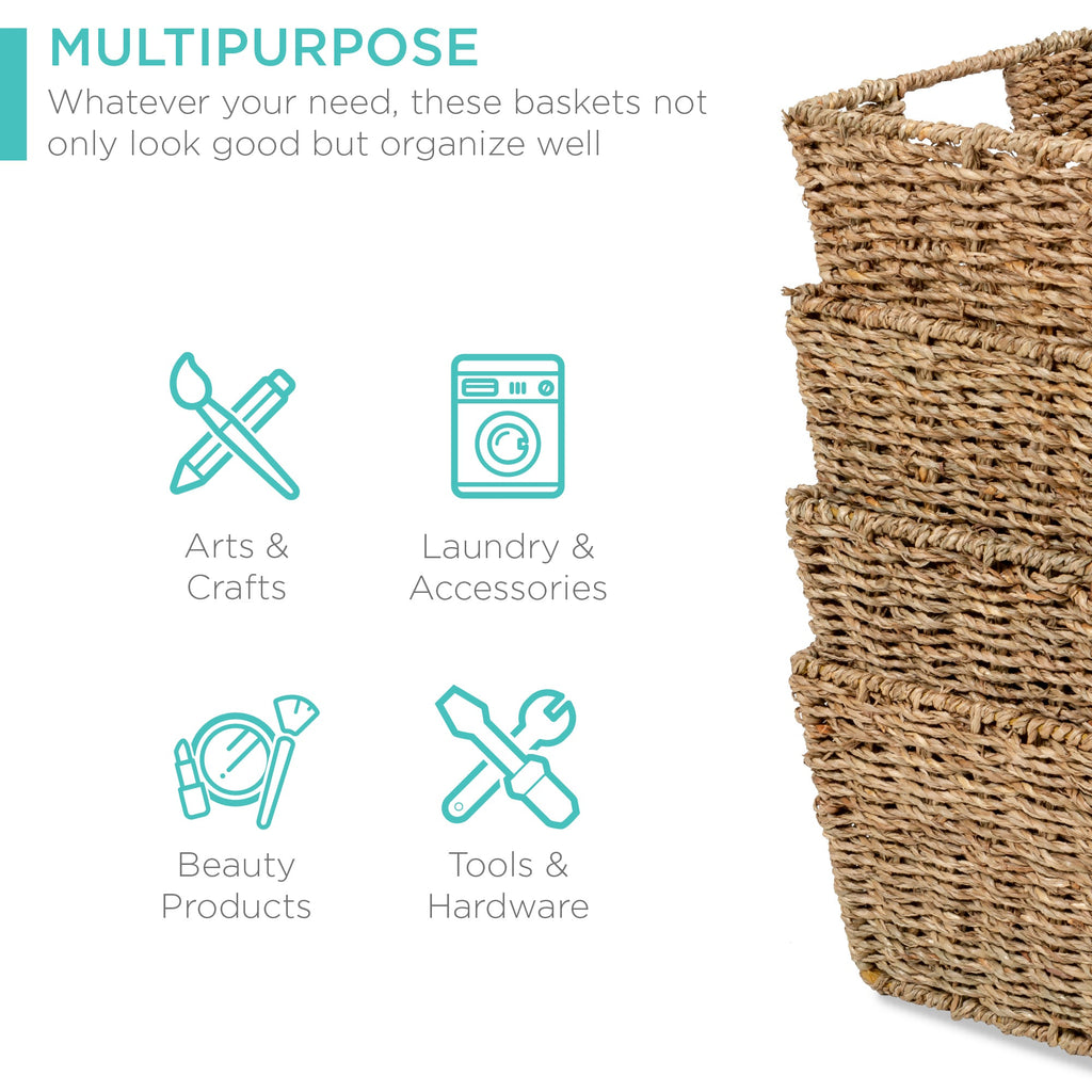 Set of 4 Seagrass Storage Tote Baskets Laundry Organizer w/ Insert Handles