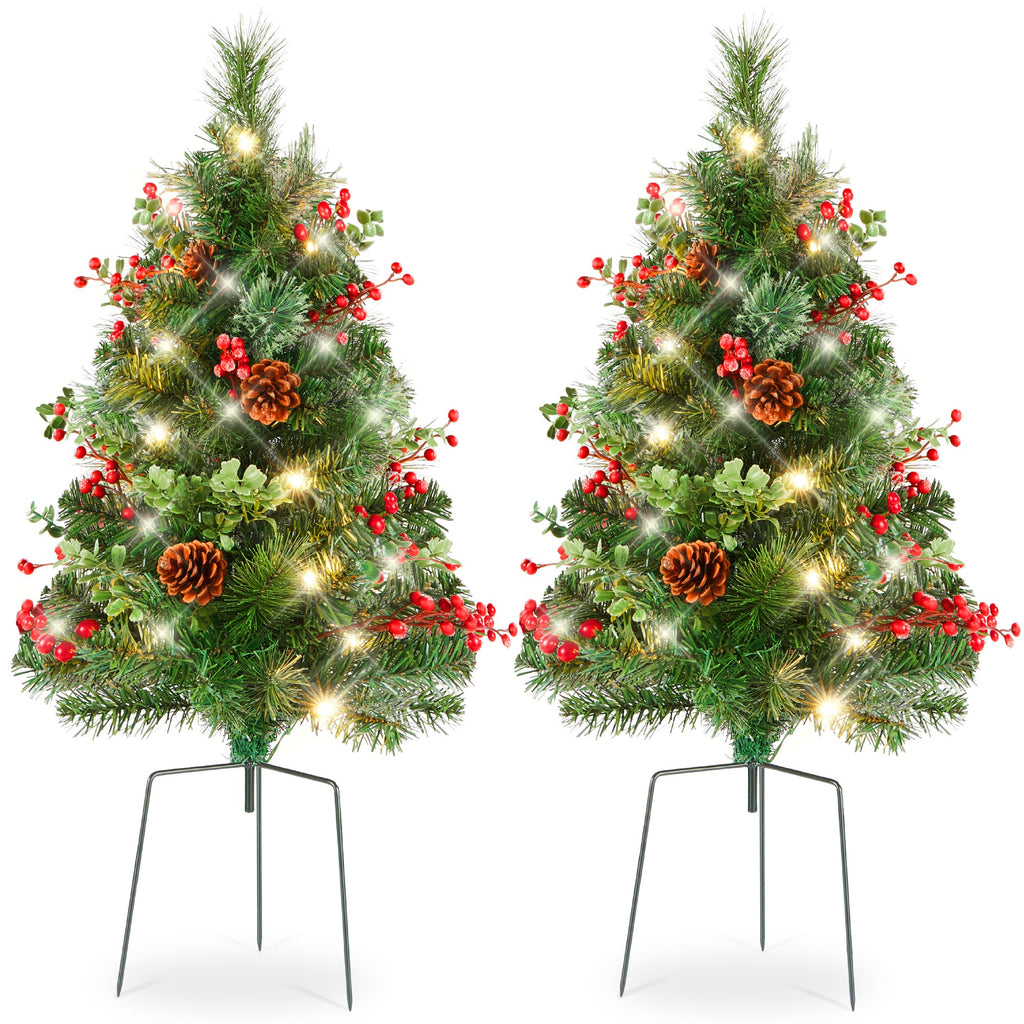 Set of 2 Pre-Lit Pathway Christmas Trees w/ Pine Cones Timer - 24.5in