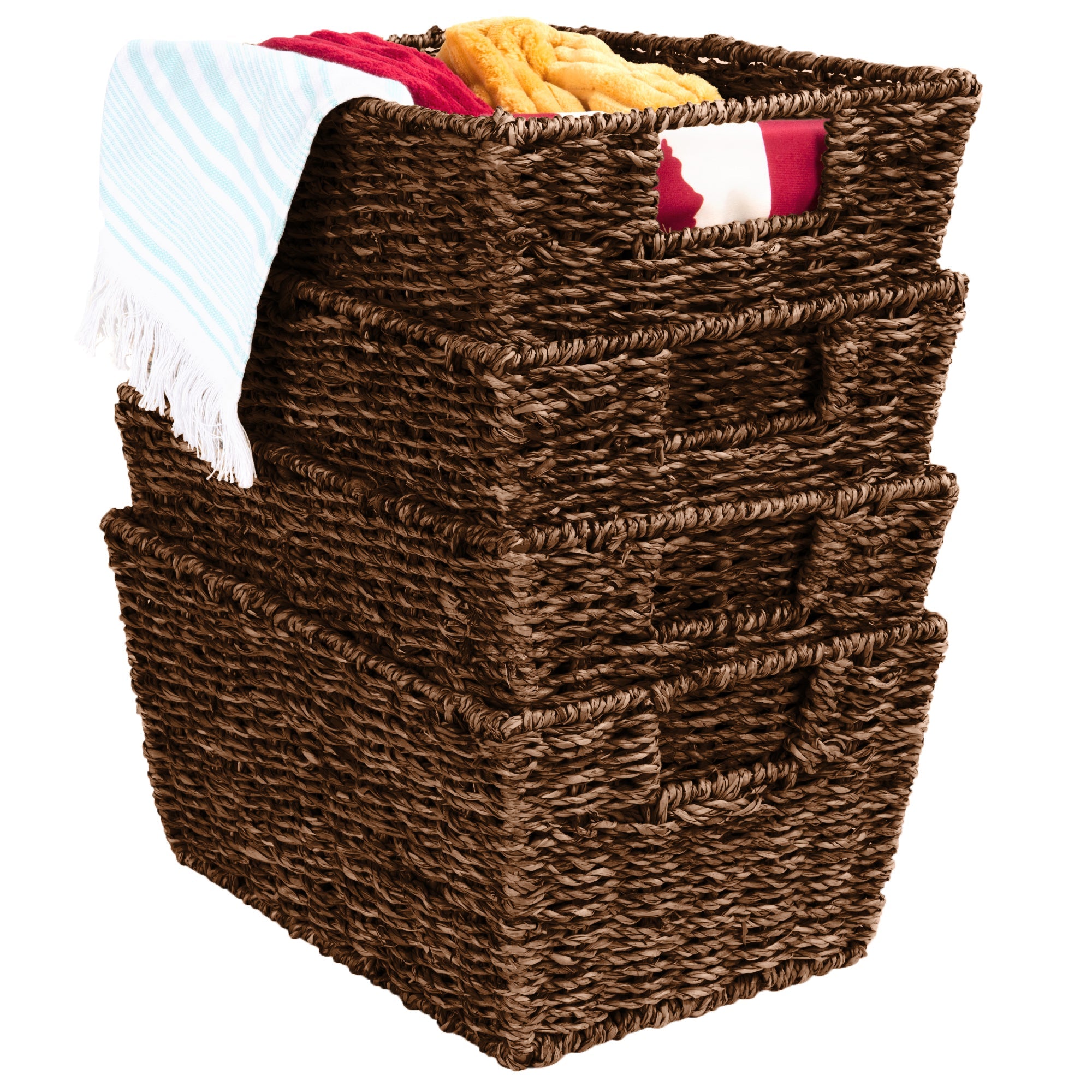 Set of 4 Seagrass Storage Tote Baskets Laundry Organizer w/ Insert Handles