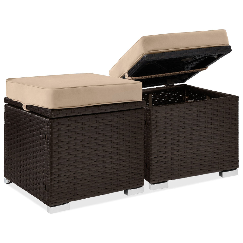 Set of 2 Wicker Ottomans Multipurpose w/ Removable Cushions Steel Frame