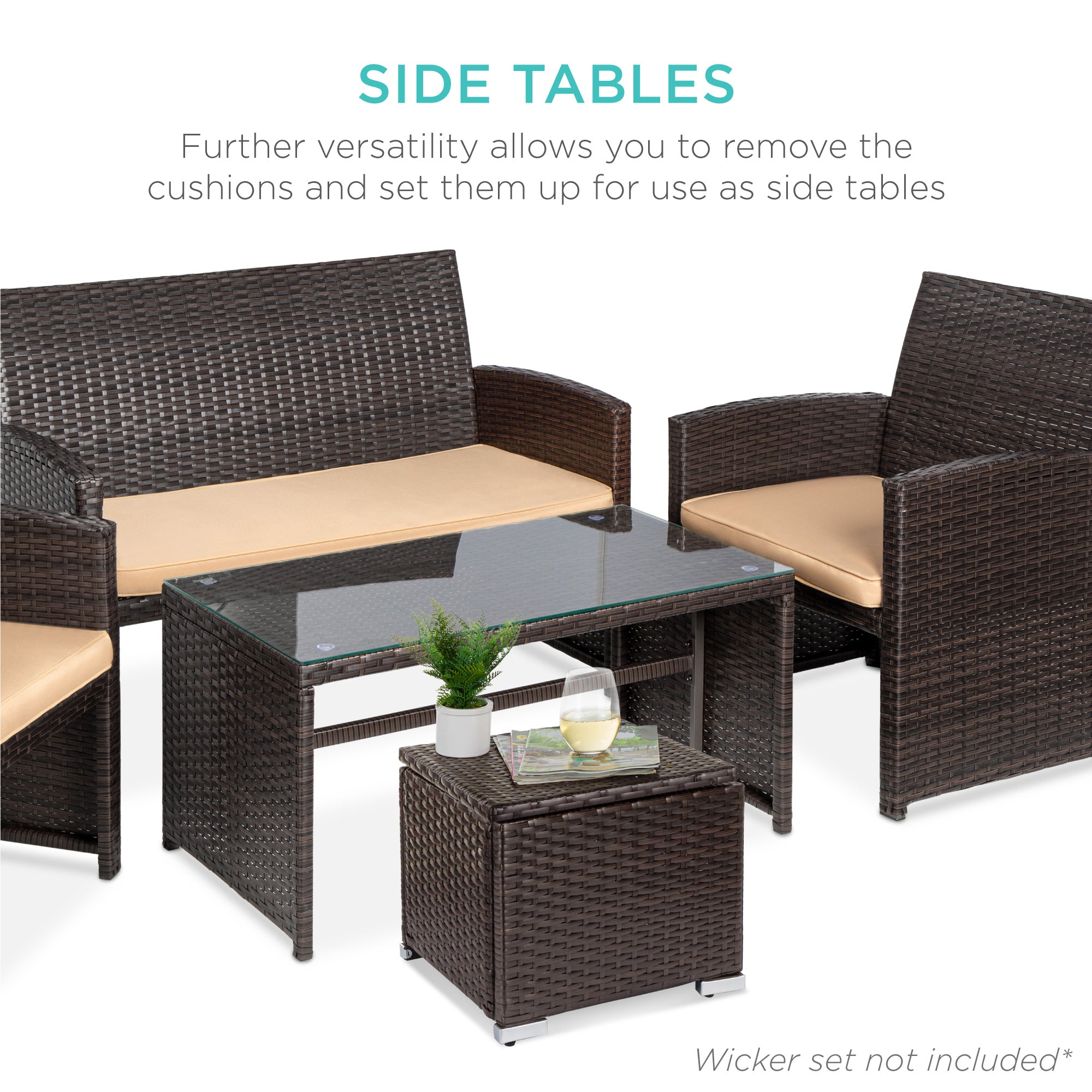 Set of 2 Wicker Ottomans Multipurpose w/ Removable Cushions Steel Frame