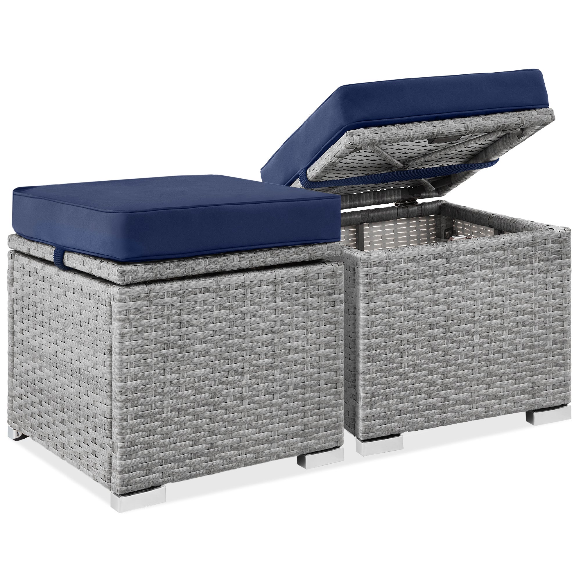 Set of 2 Wicker Ottomans Multipurpose w/ Removable Cushions Steel Frame
