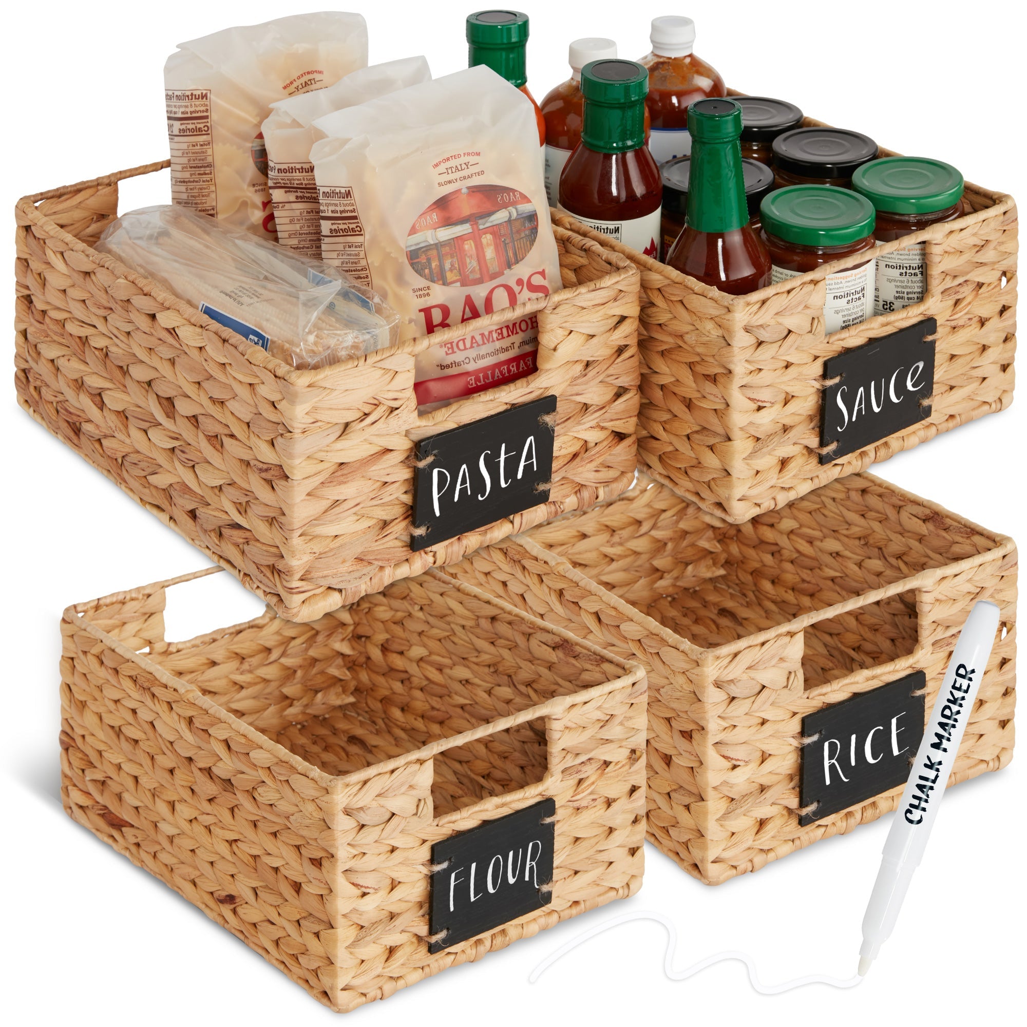 Set of 4 Water Hyacinth Pantry Baskets w/ Chalkboard Marker - 12in