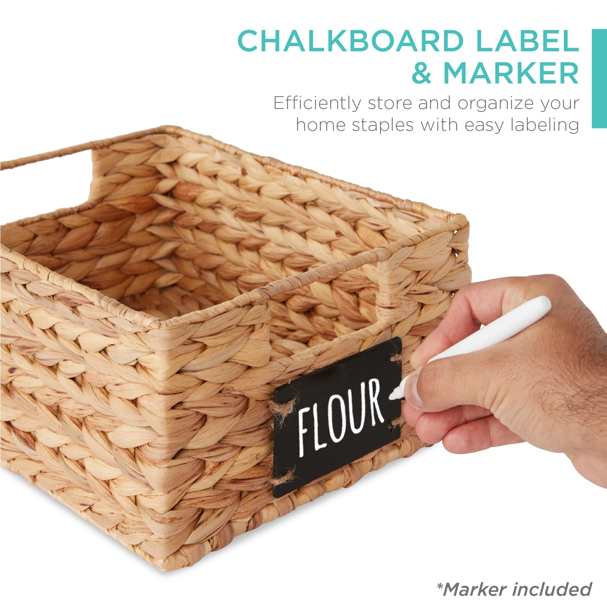 Set of 4 Water Hyacinth Pantry Baskets w/ Chalkboard Marker - 12in