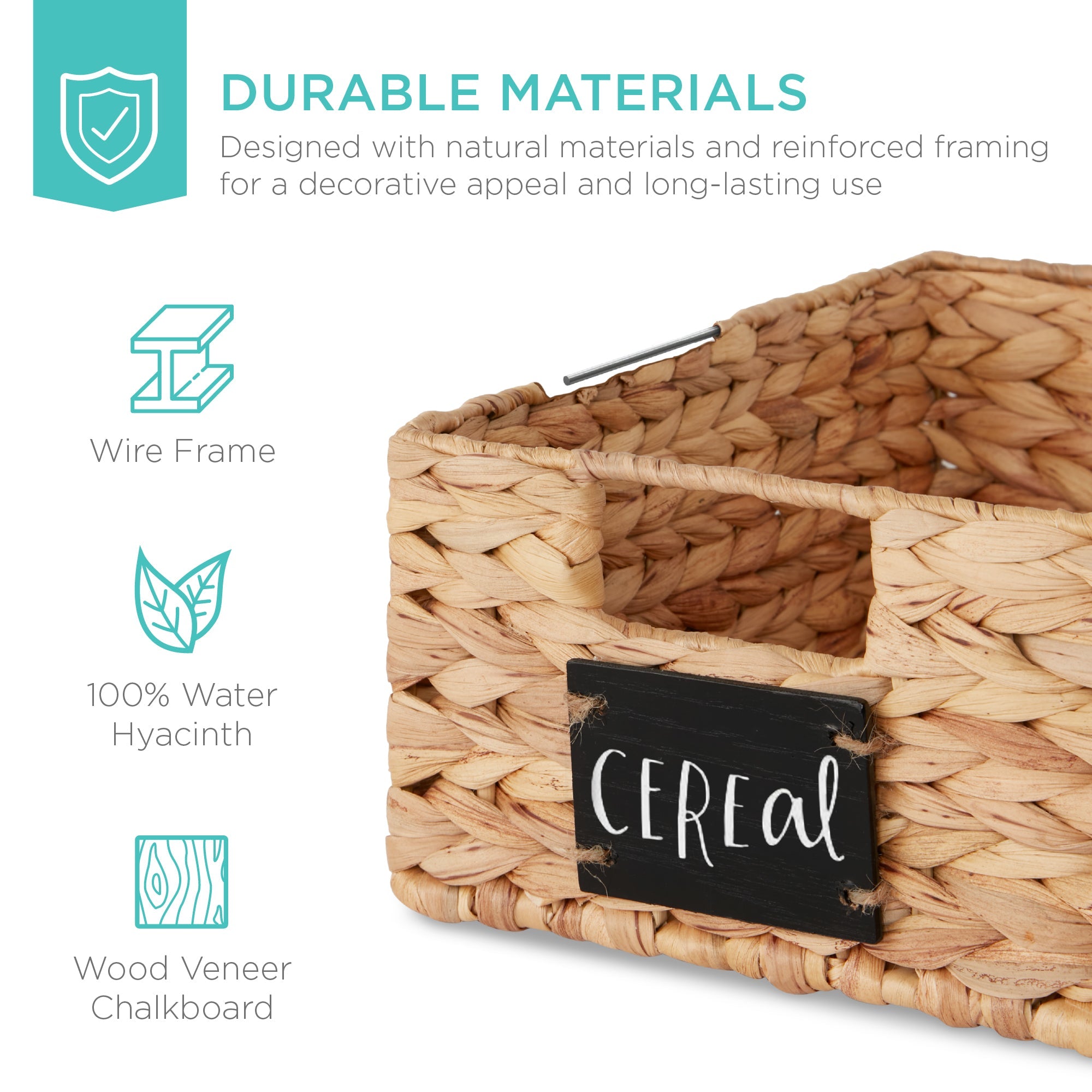 Set of 4 Water Hyacinth Pantry Baskets w/ Chalkboard Marker - 12in