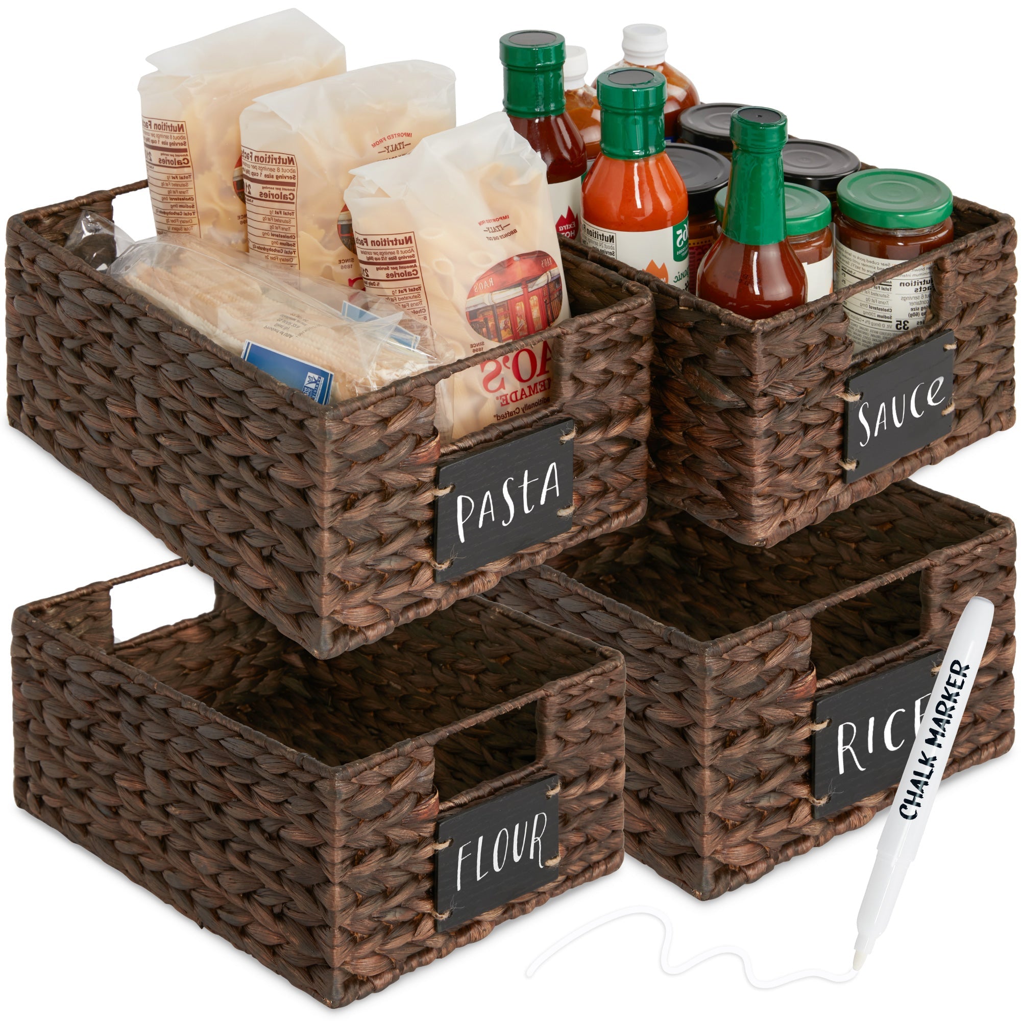 Set of 4 Water Hyacinth Pantry Baskets w/ Chalkboard Marker - 12in