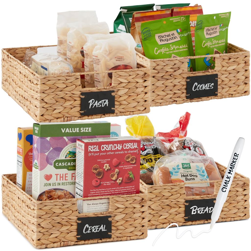 Set of 4 Water Hyacinth Pantry Baskets w/ Chalkboard Chalk Marker