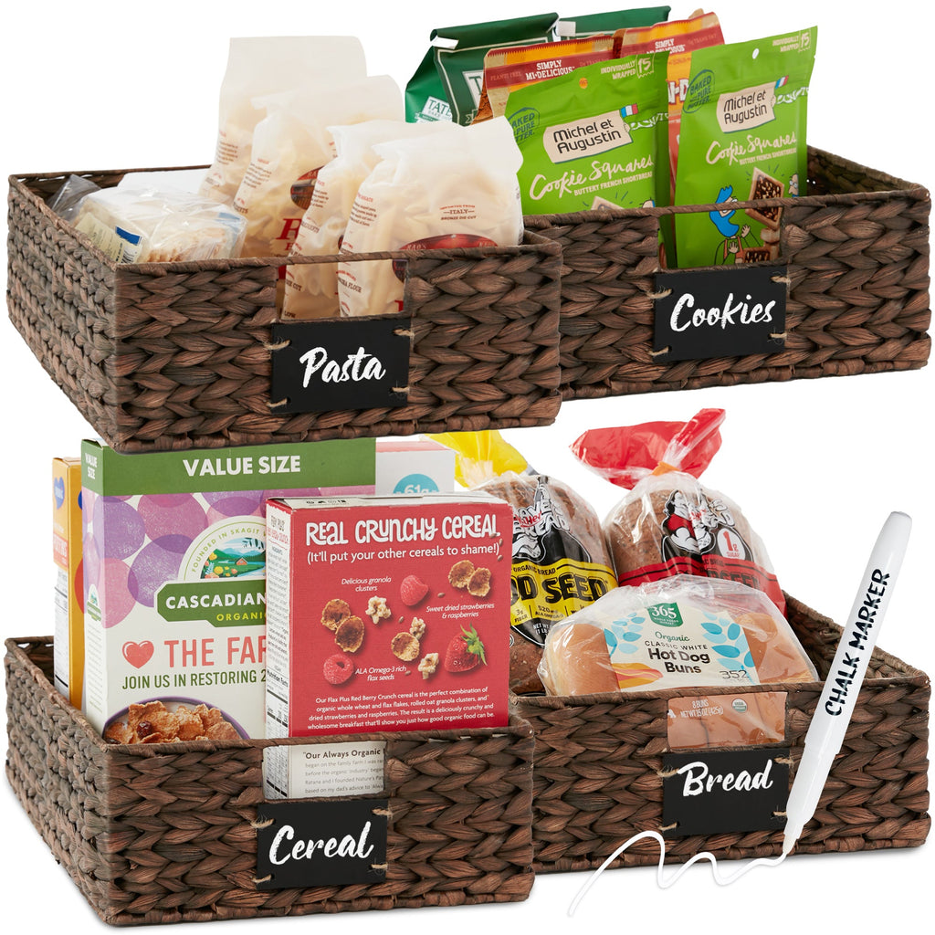 Set of 4 Water Hyacinth Pantry Baskets w/ Chalkboard Chalk Marker