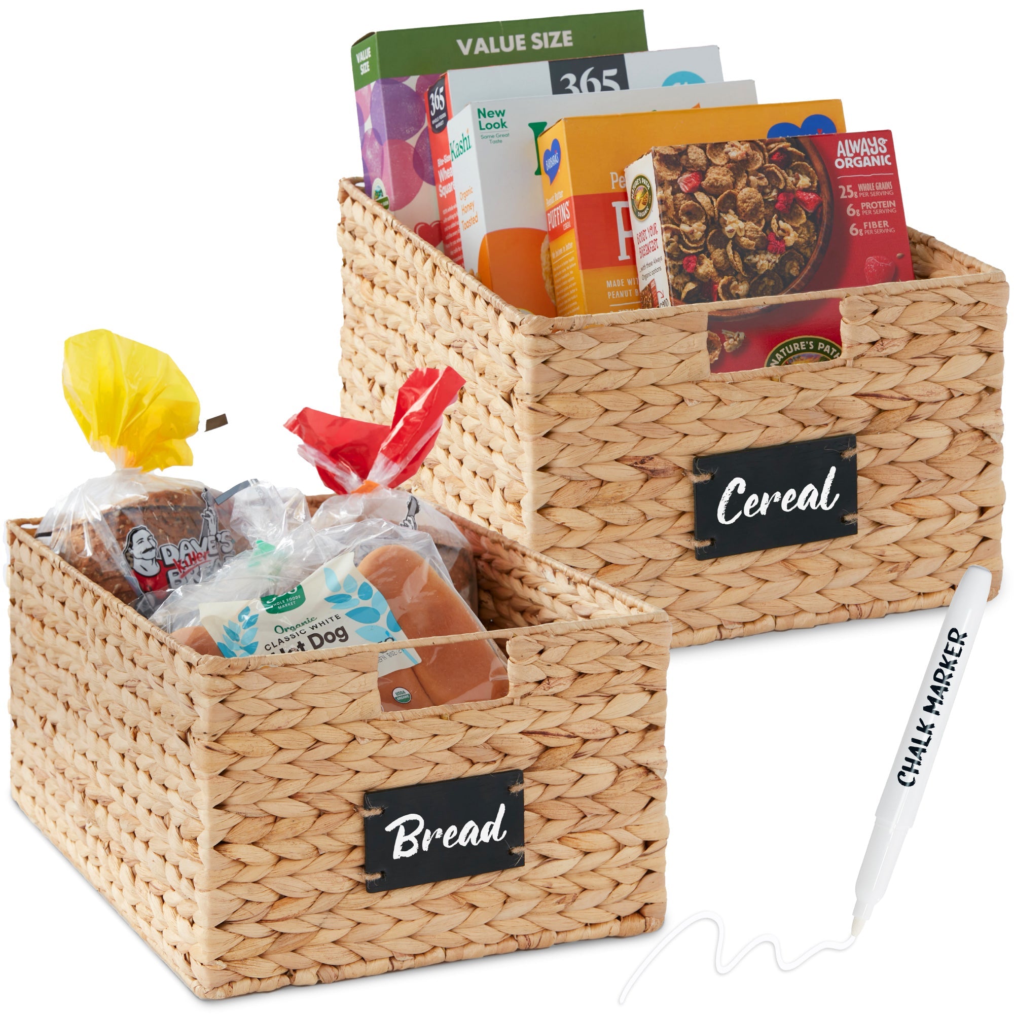 Set of 2 Water Hyacinth Pantry Baskets w/ Chalkboard Marker - 16in