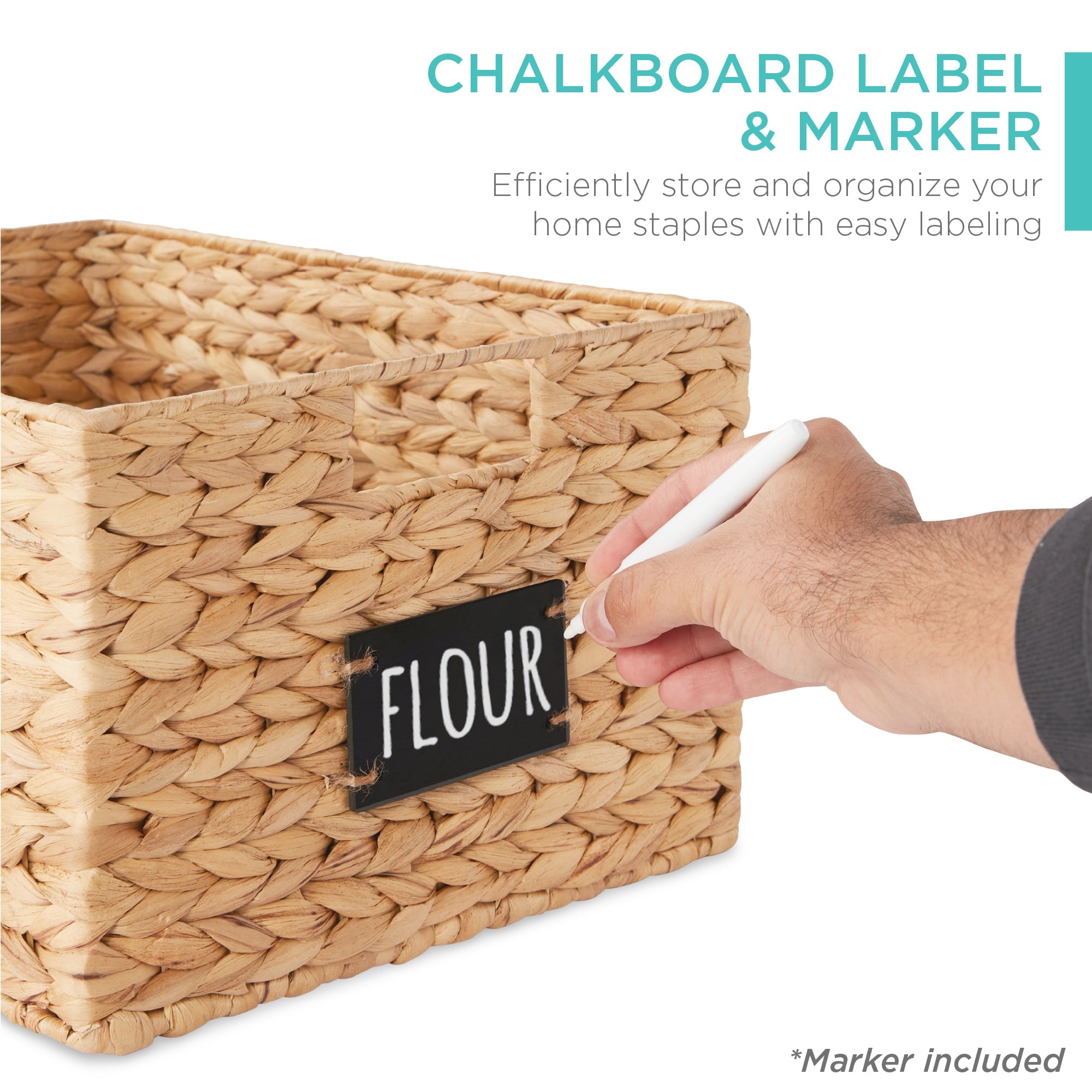 Set of 2 Water Hyacinth Pantry Baskets w/ Chalkboard Marker - 16in