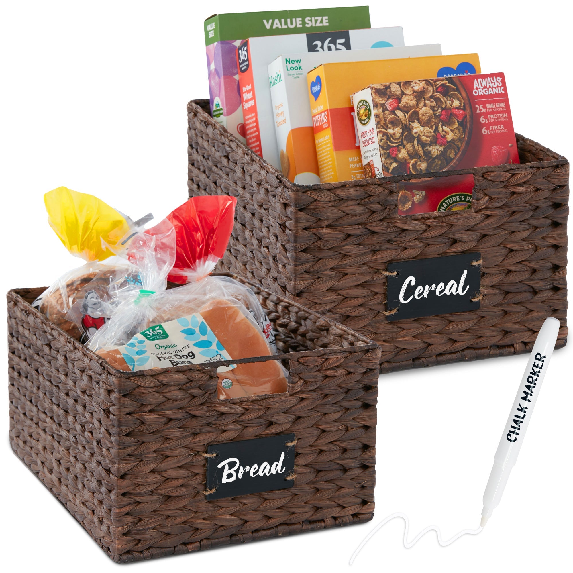 Set of 2 Water Hyacinth Pantry Baskets w/ Chalkboard Marker - 16in