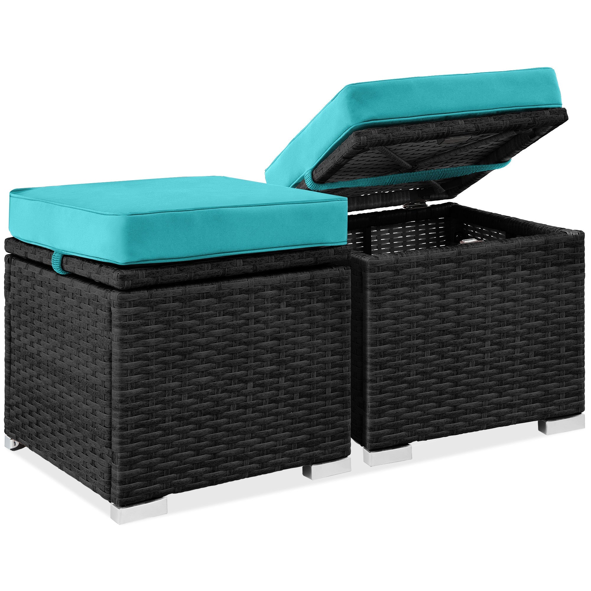 Set of 2 Wicker Ottomans Multipurpose w/ Removable Cushions Steel Frame