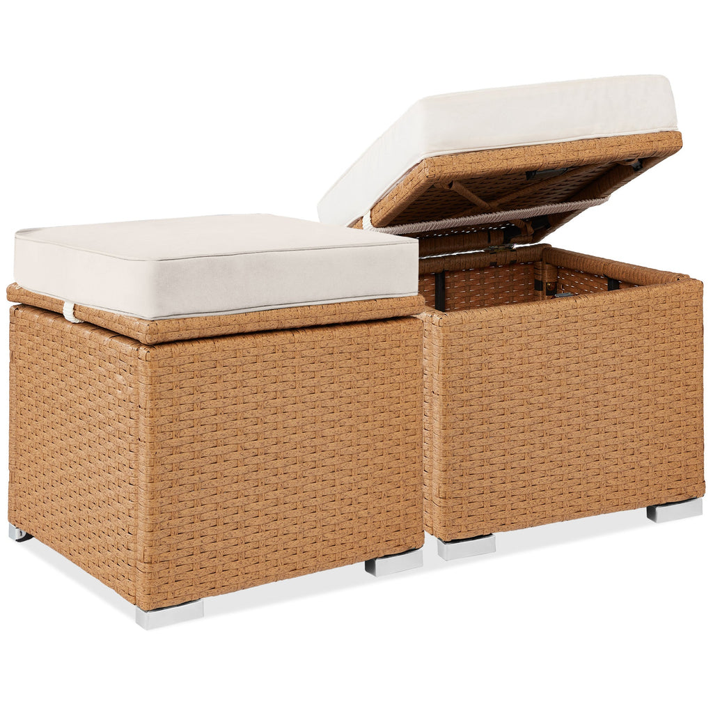 Set of 2 Wicker Ottomans Multipurpose w/ Removable Cushions Steel Frame