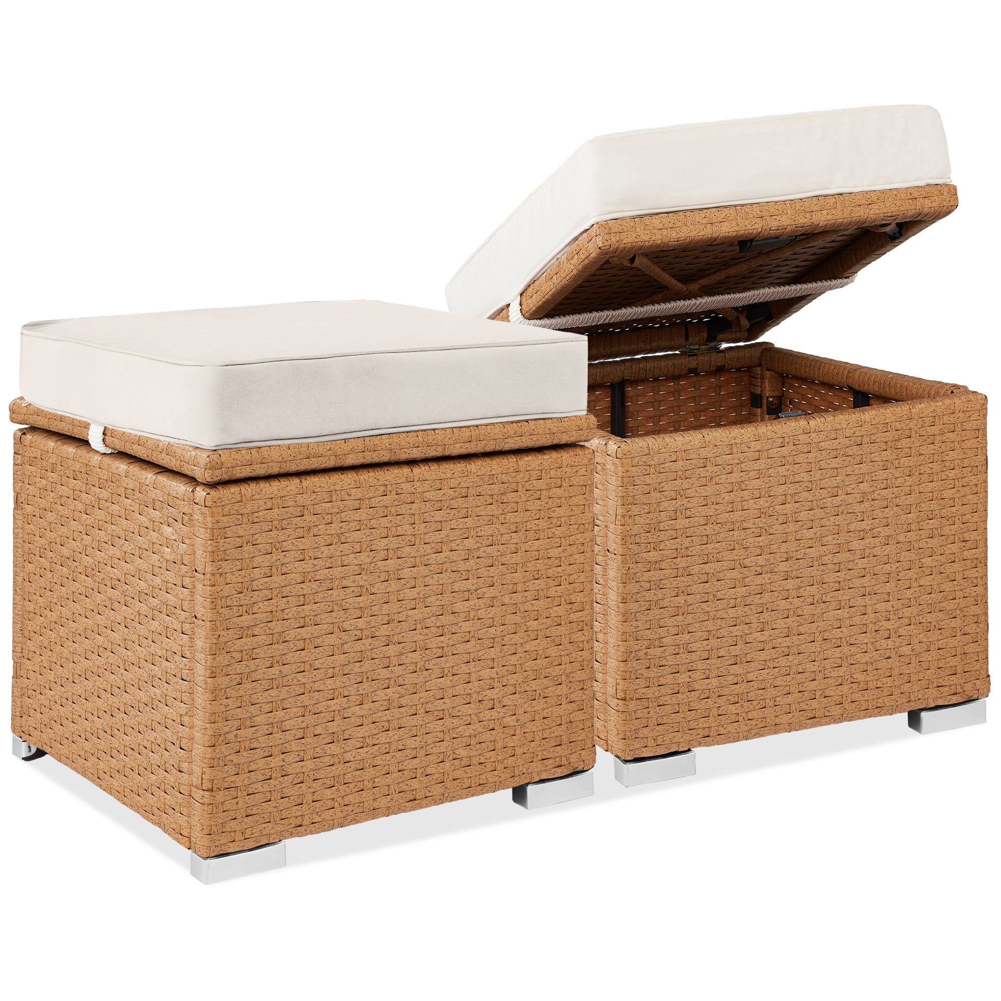 Set of 2 Wicker Ottomans Multipurpose w/ Removable Cushions Steel Frame