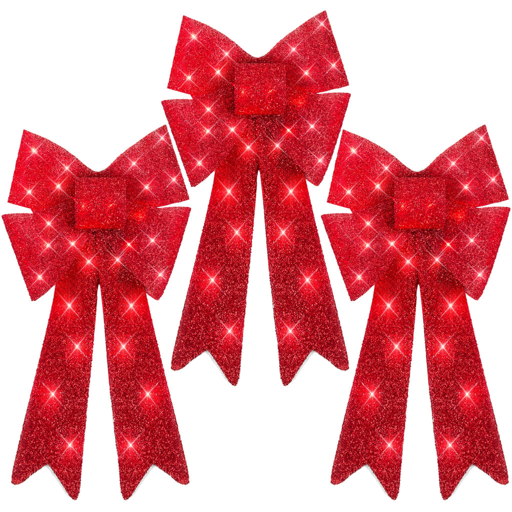 Set of 3 Pre-Lit Christmas Bow Decoration LED Holiday Decor w/ 8 Functions
