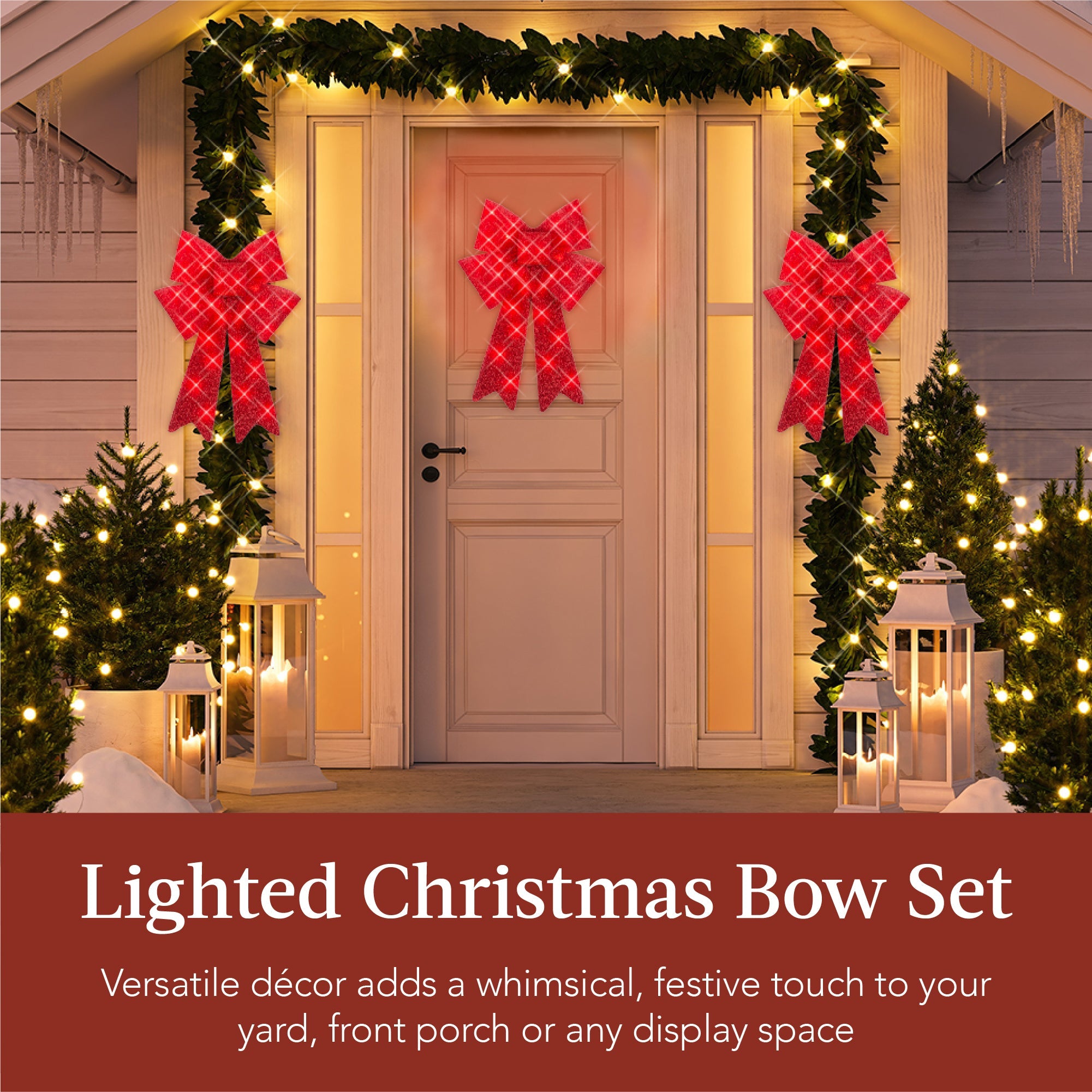 Set of 3 Pre-Lit Christmas Bow Decoration LED Holiday Decor w/ 8 Functions