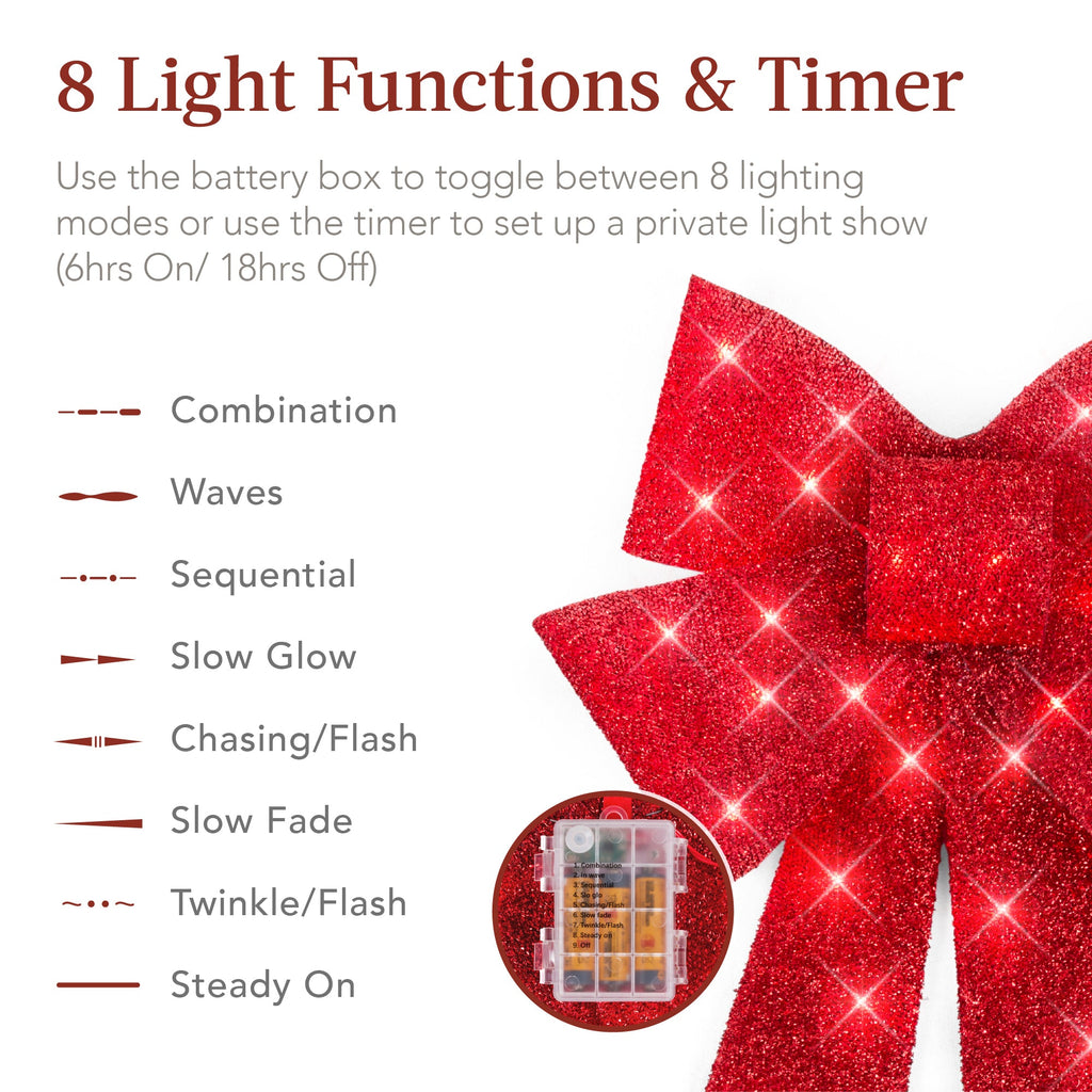 Set of 3 Pre-Lit Christmas Bow Decoration LED Holiday Decor w/ 8 Functions