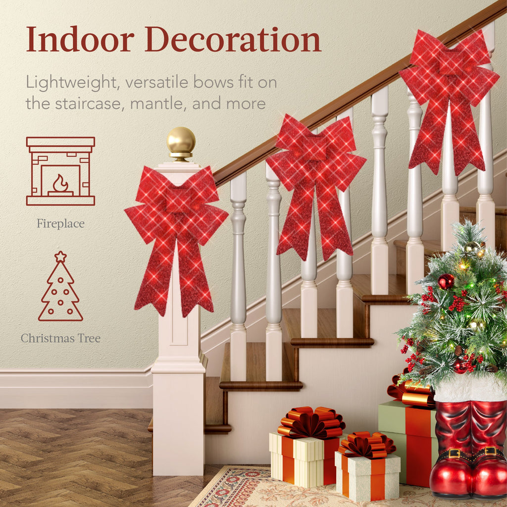 Set of 3 Pre-Lit Christmas Bow Decoration LED Holiday Decor w/ 8 Functions