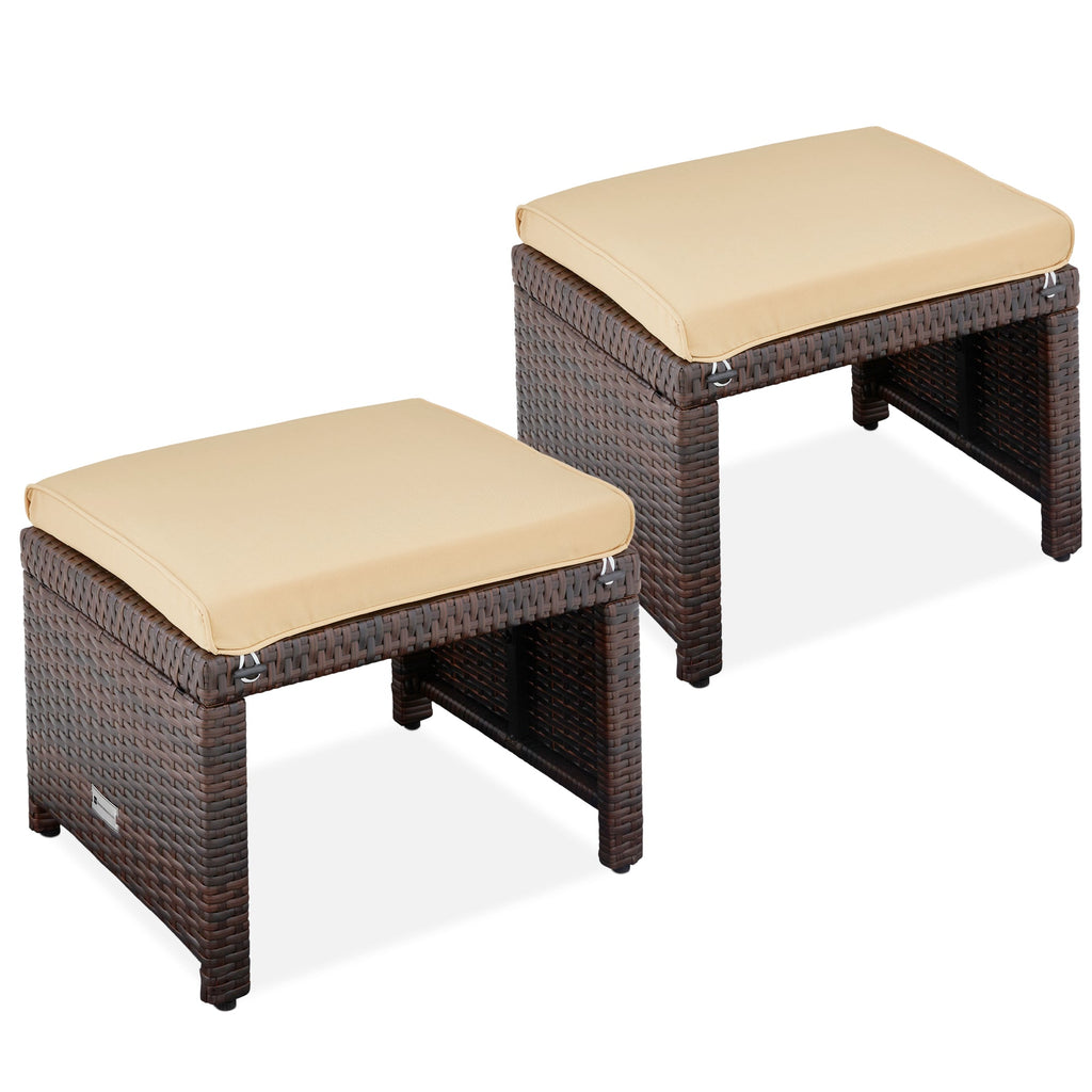 Set of 2 Multipurpose Wicker Ottomans w/ Removable Cushions Steel Frame