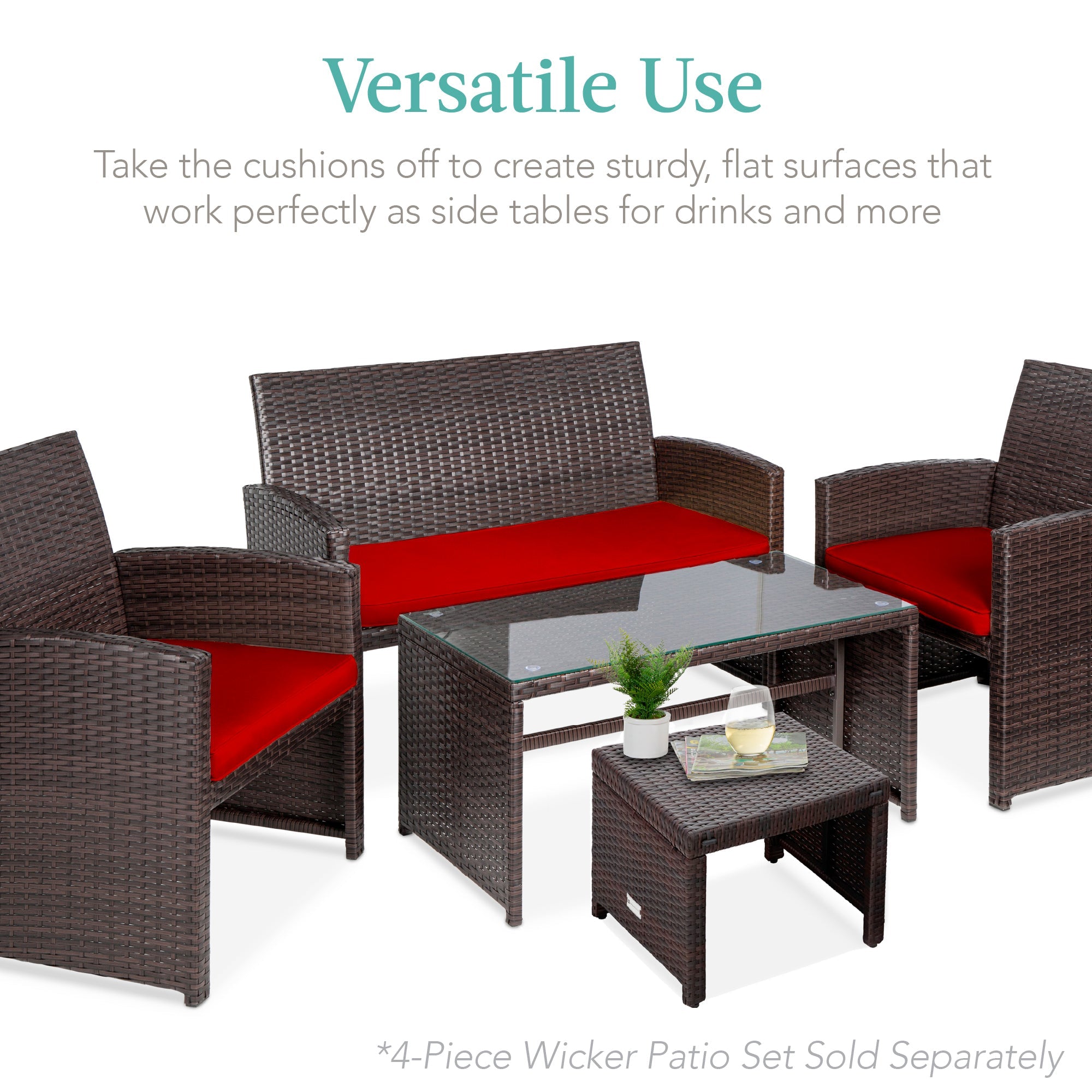Set of 2 Multipurpose Wicker Ottomans w/ Removable Cushions Steel Frame