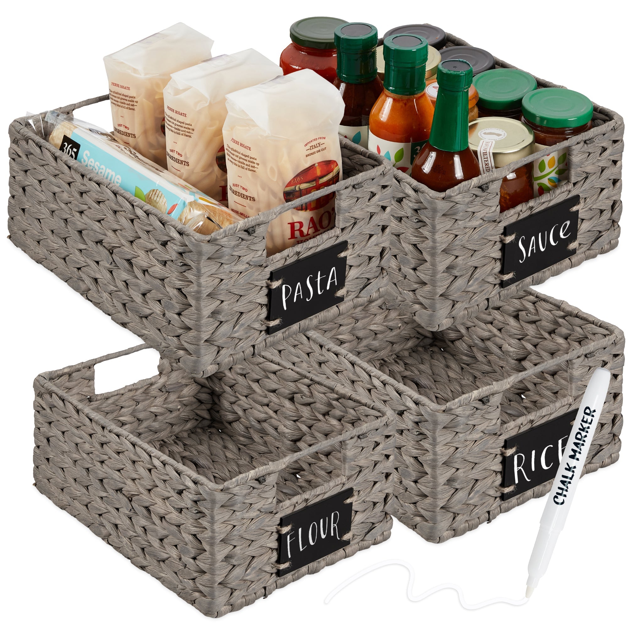 Set of 4 Water Hyacinth Pantry Baskets w/ Chalkboard Marker - 12in