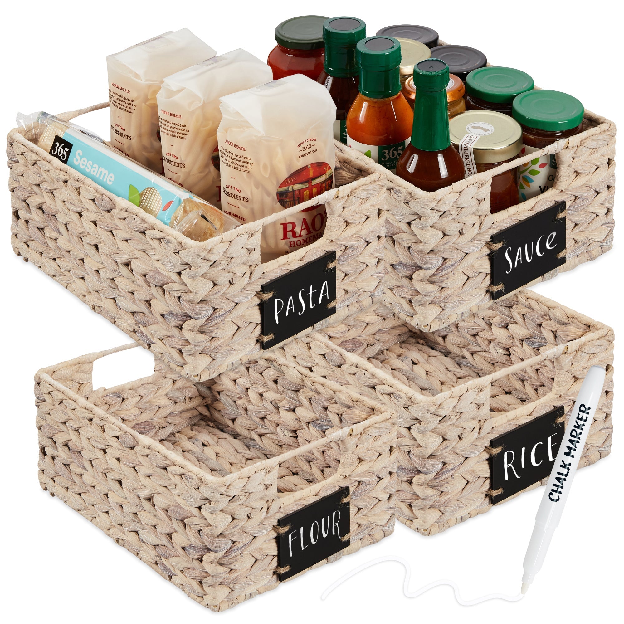 Set of 4 Water Hyacinth Pantry Baskets w/ Chalkboard Marker - 12in