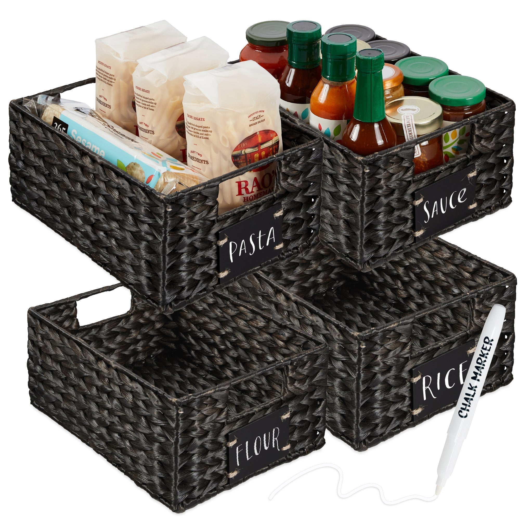 Set of 4 Water Hyacinth Pantry Baskets w/ Chalkboard Marker - 12in