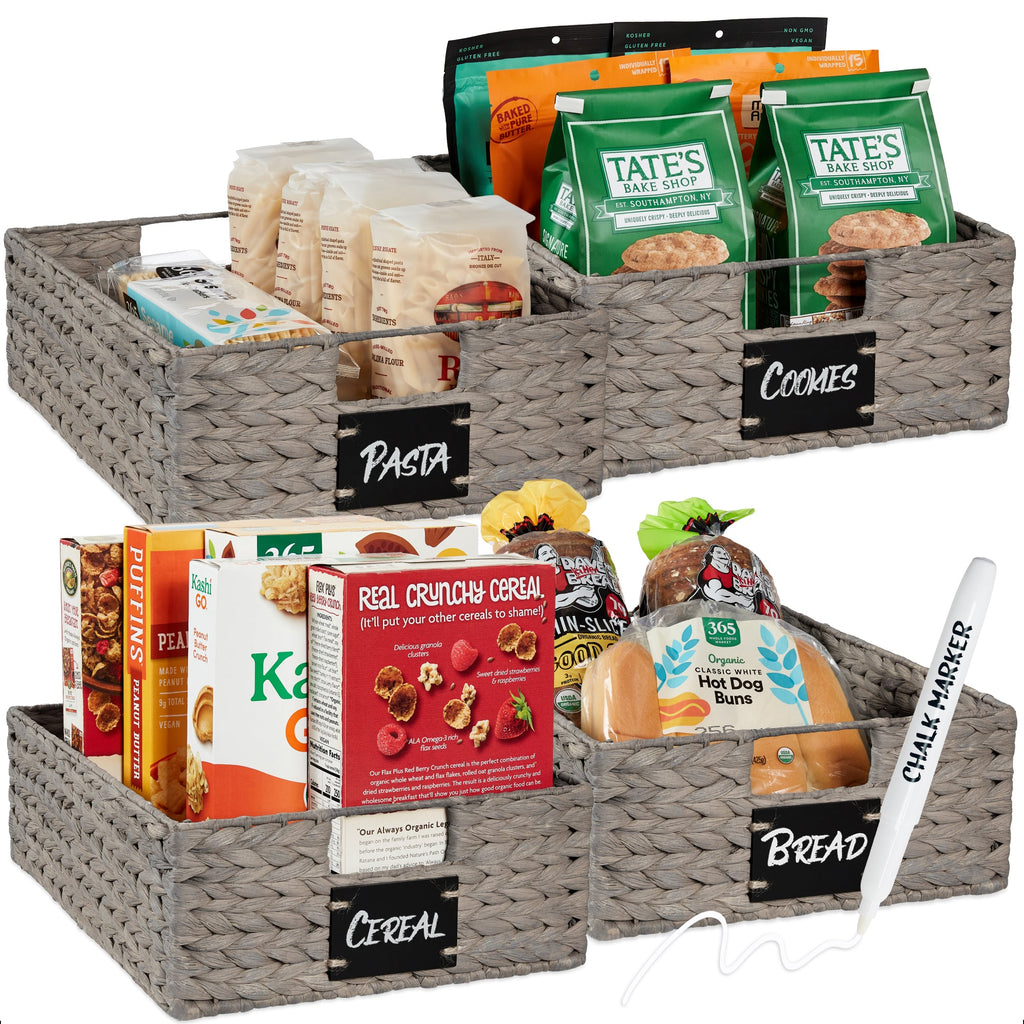 Set of 4 Water Hyacinth Pantry Baskets w/ Chalkboard Chalk Marker