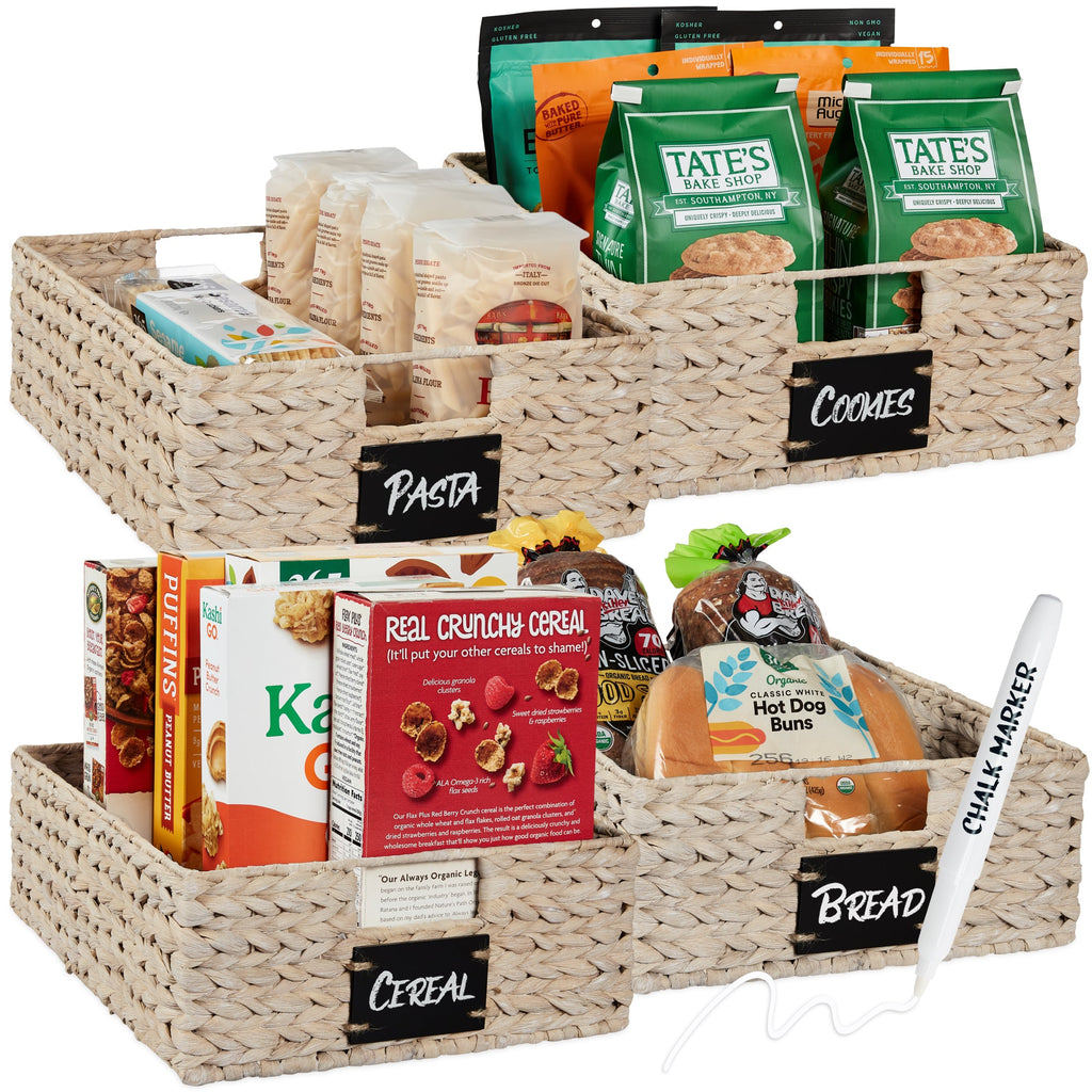 Set of 4 Water Hyacinth Pantry Baskets w/ Chalkboard Chalk Marker