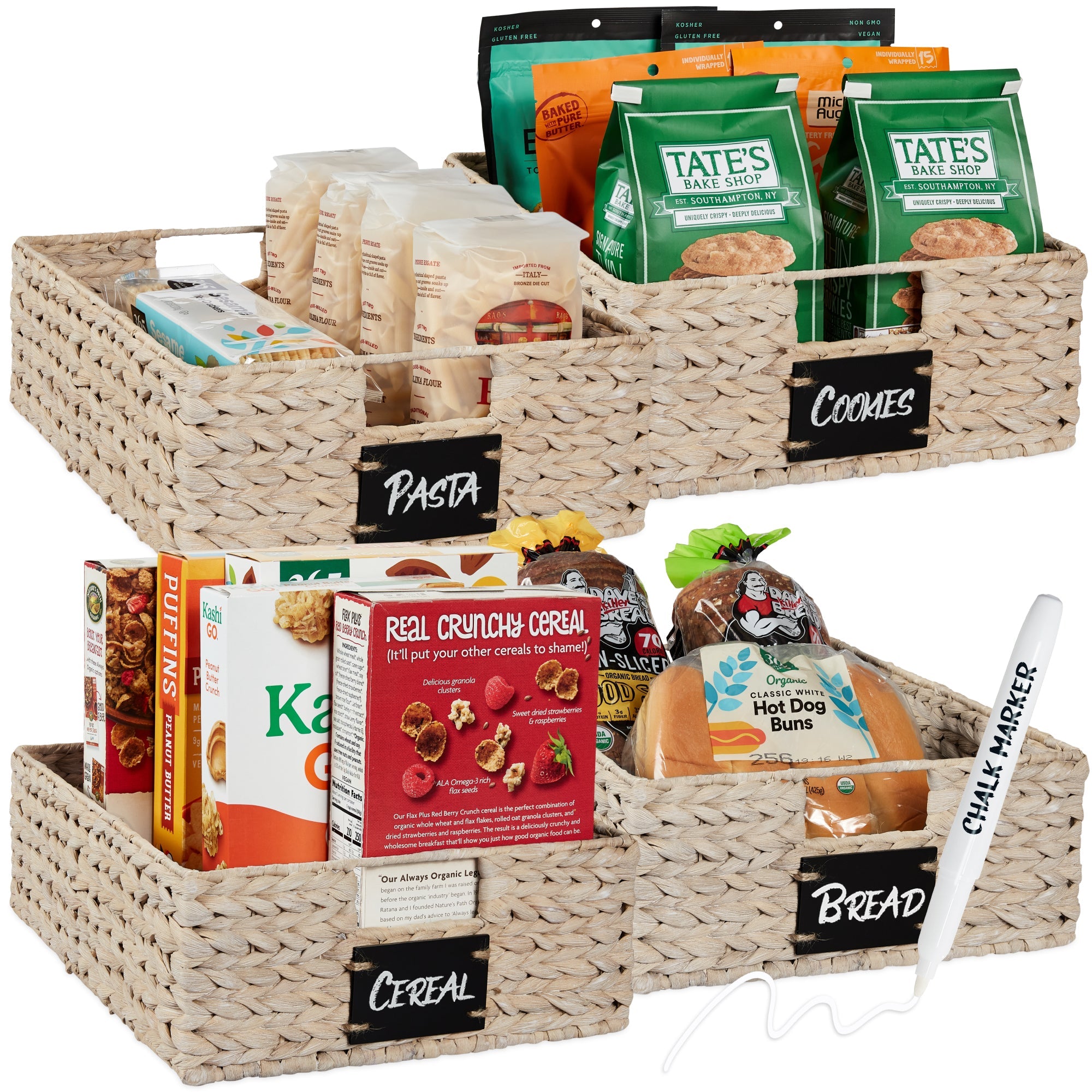 Set of 4 Water Hyacinth Pantry Baskets w/ Chalkboard Chalk Marker
