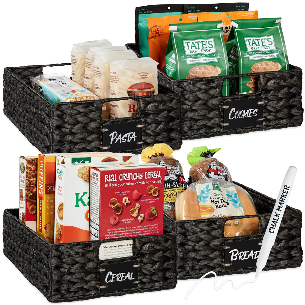 Set of 4 Water Hyacinth Pantry Baskets w/ Chalkboard Chalk Marker