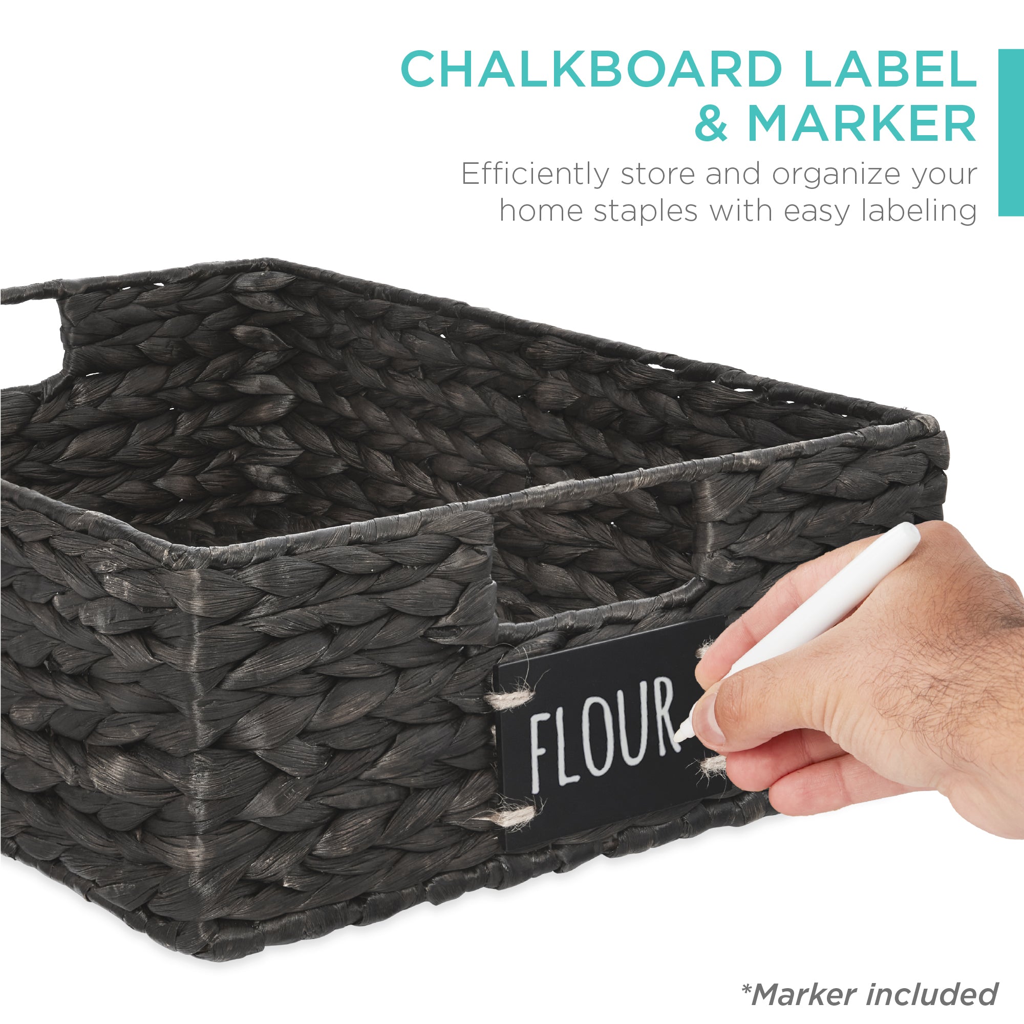 Set of 4 Water Hyacinth Pantry Baskets w/ Chalkboard Chalk Marker