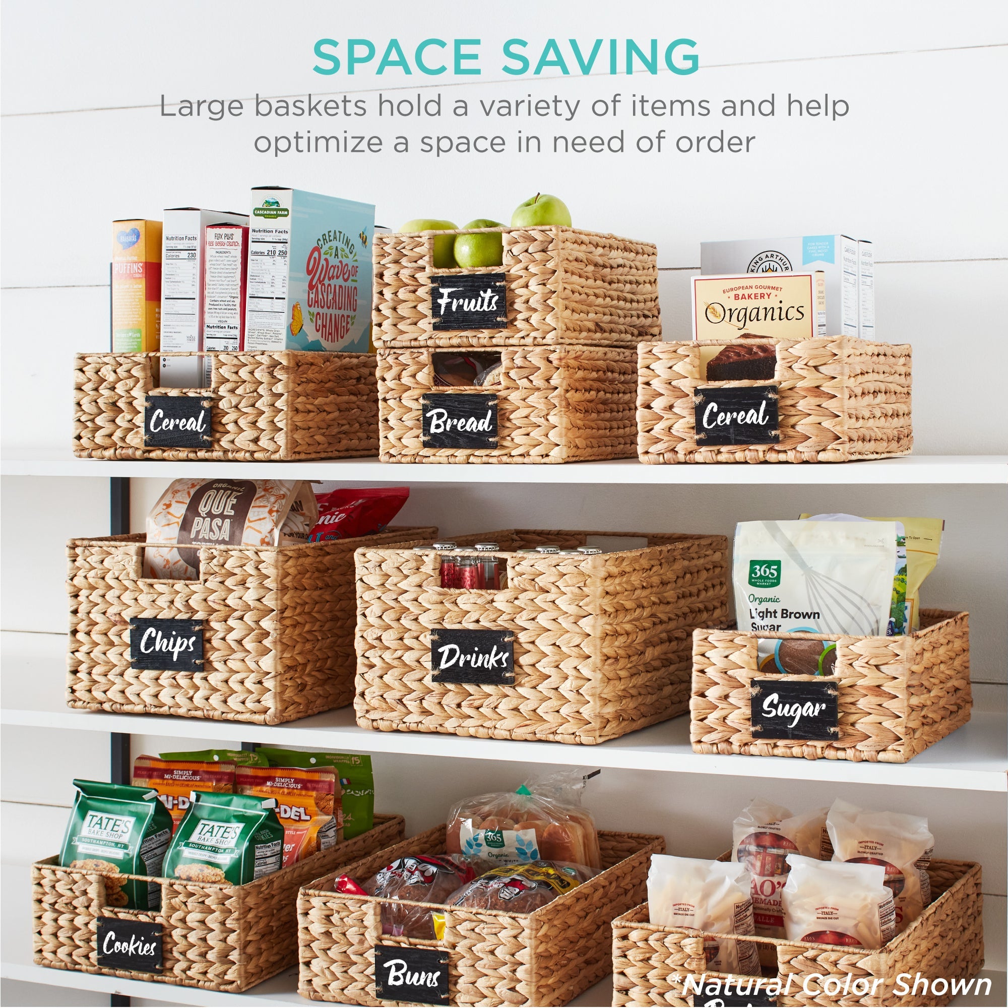 Set of 4 Water Hyacinth Pantry Baskets w/ Chalkboard Chalk Marker