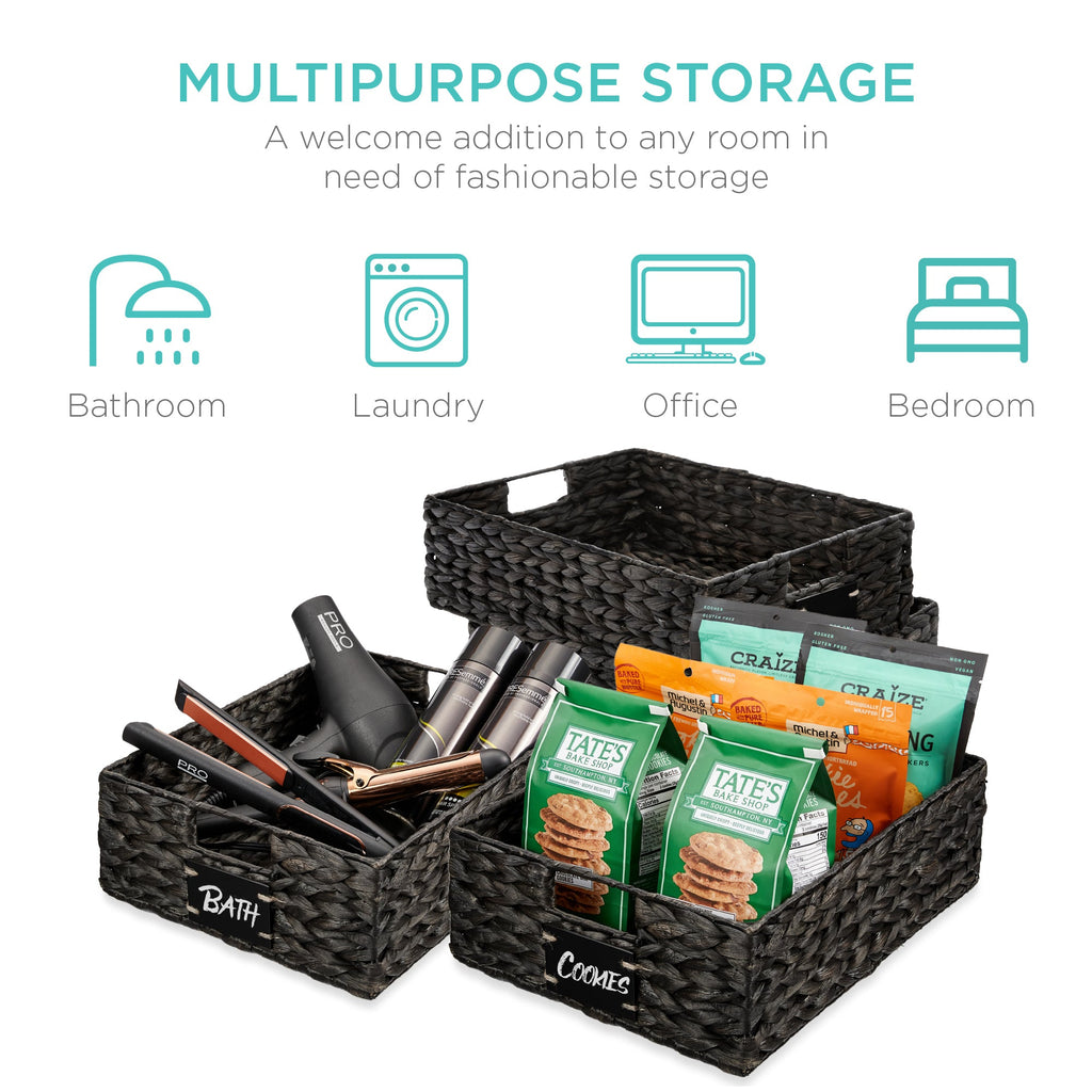 Set of 4 Water Hyacinth Pantry Baskets w/ Chalkboard Chalk Marker