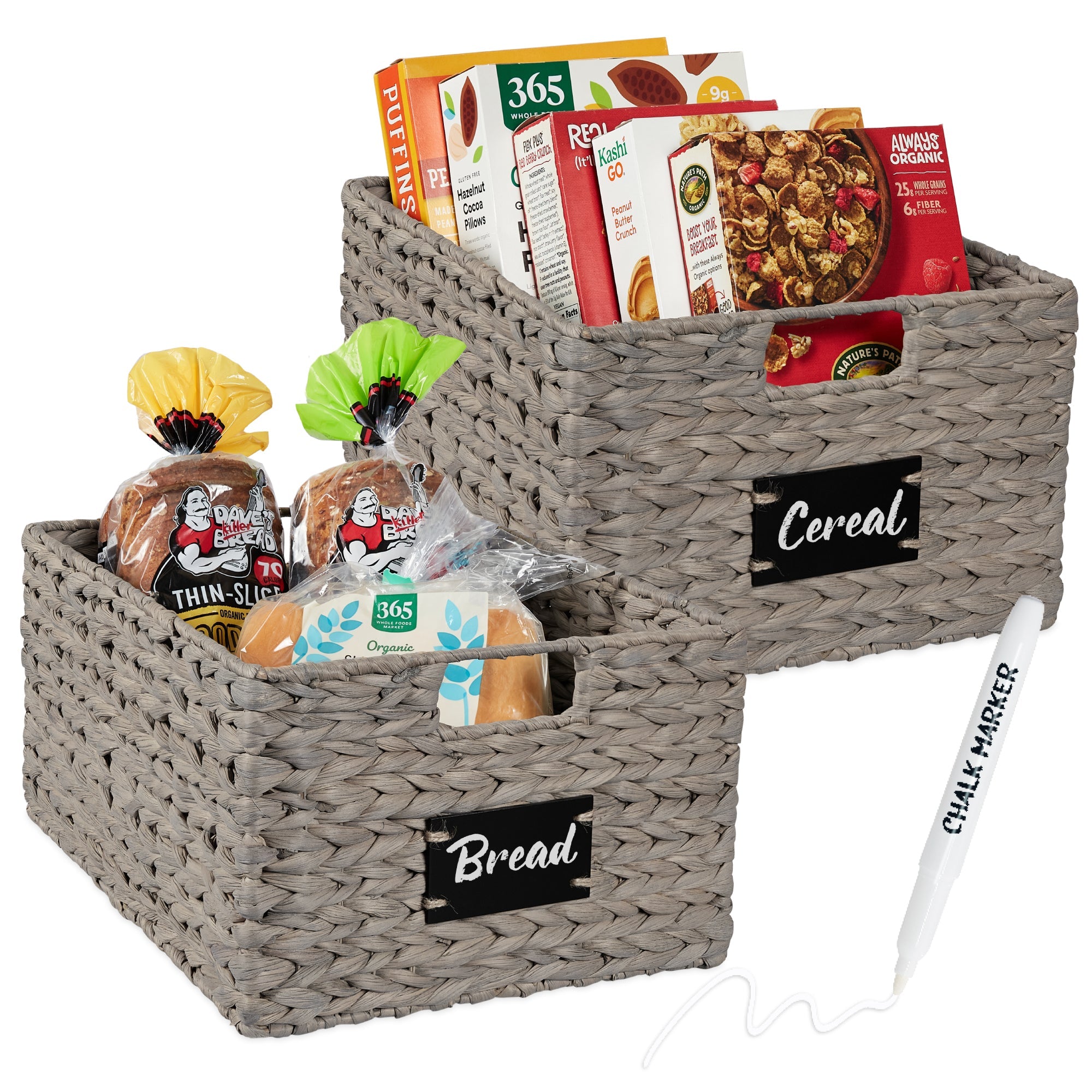 Set of 2 Water Hyacinth Pantry Baskets w/ Chalkboard Marker - 16in