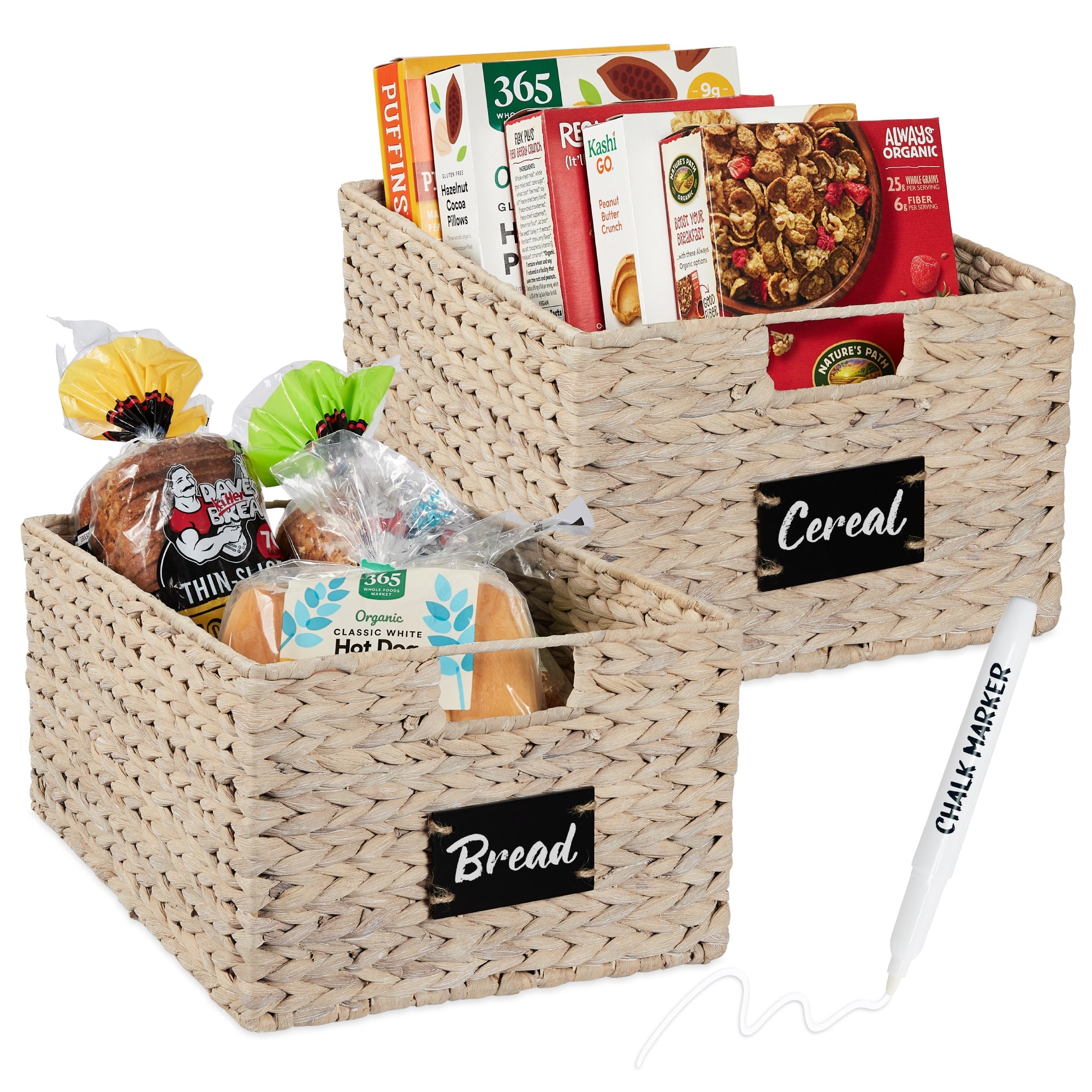 Set of 2 Water Hyacinth Pantry Baskets w/ Chalkboard Marker - 16in