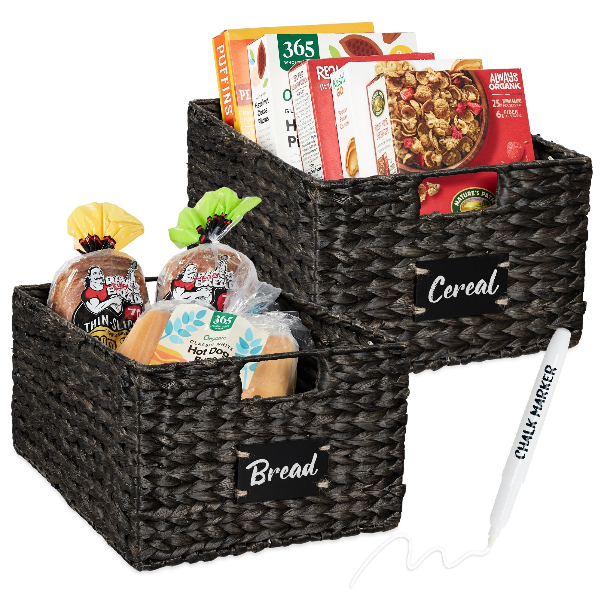 Set of 2 Water Hyacinth Pantry Baskets w/ Chalkboard Marker - 16in