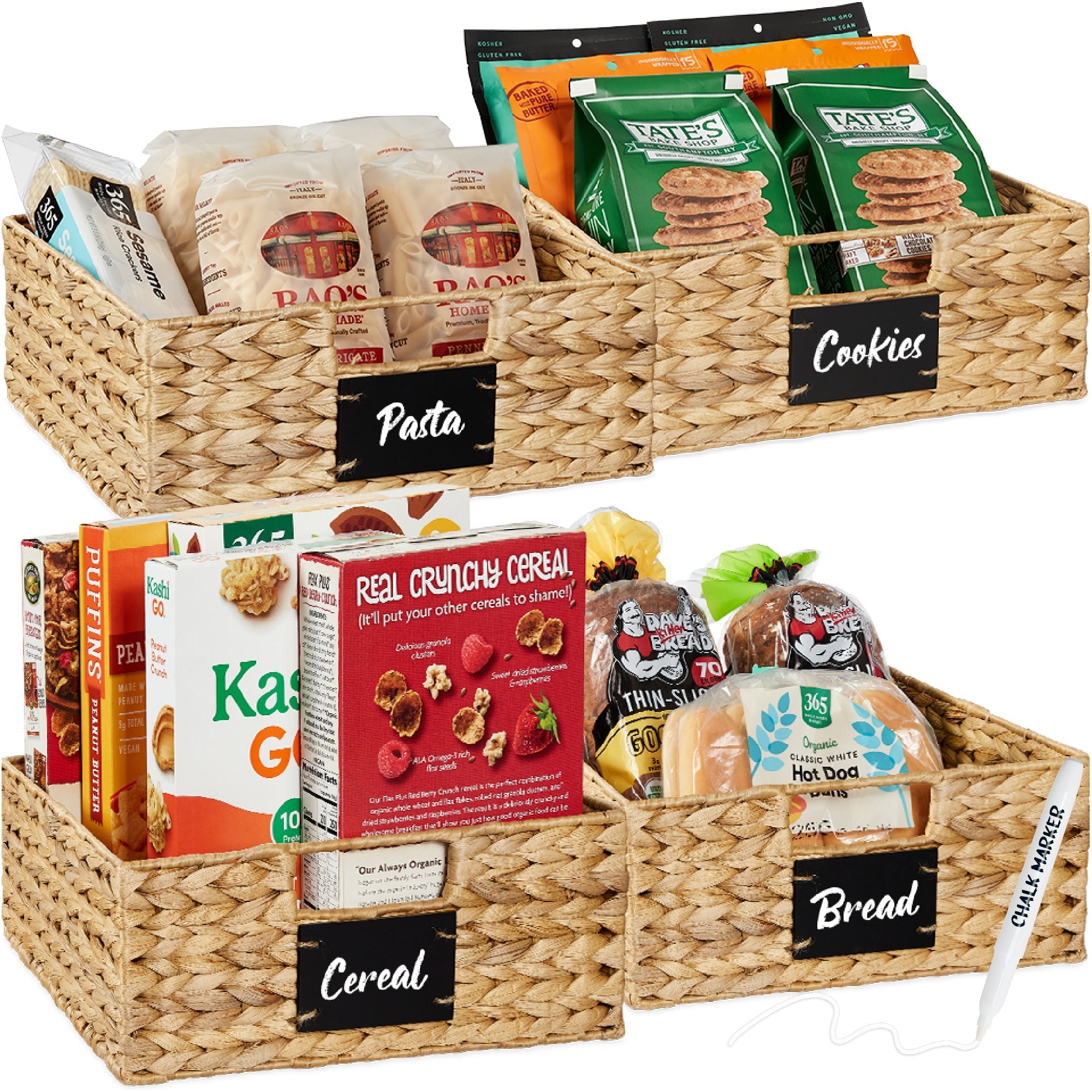 Set of 4 Water Hyacinth Pantry Baskets w/ Chalkboard Marker - 13in