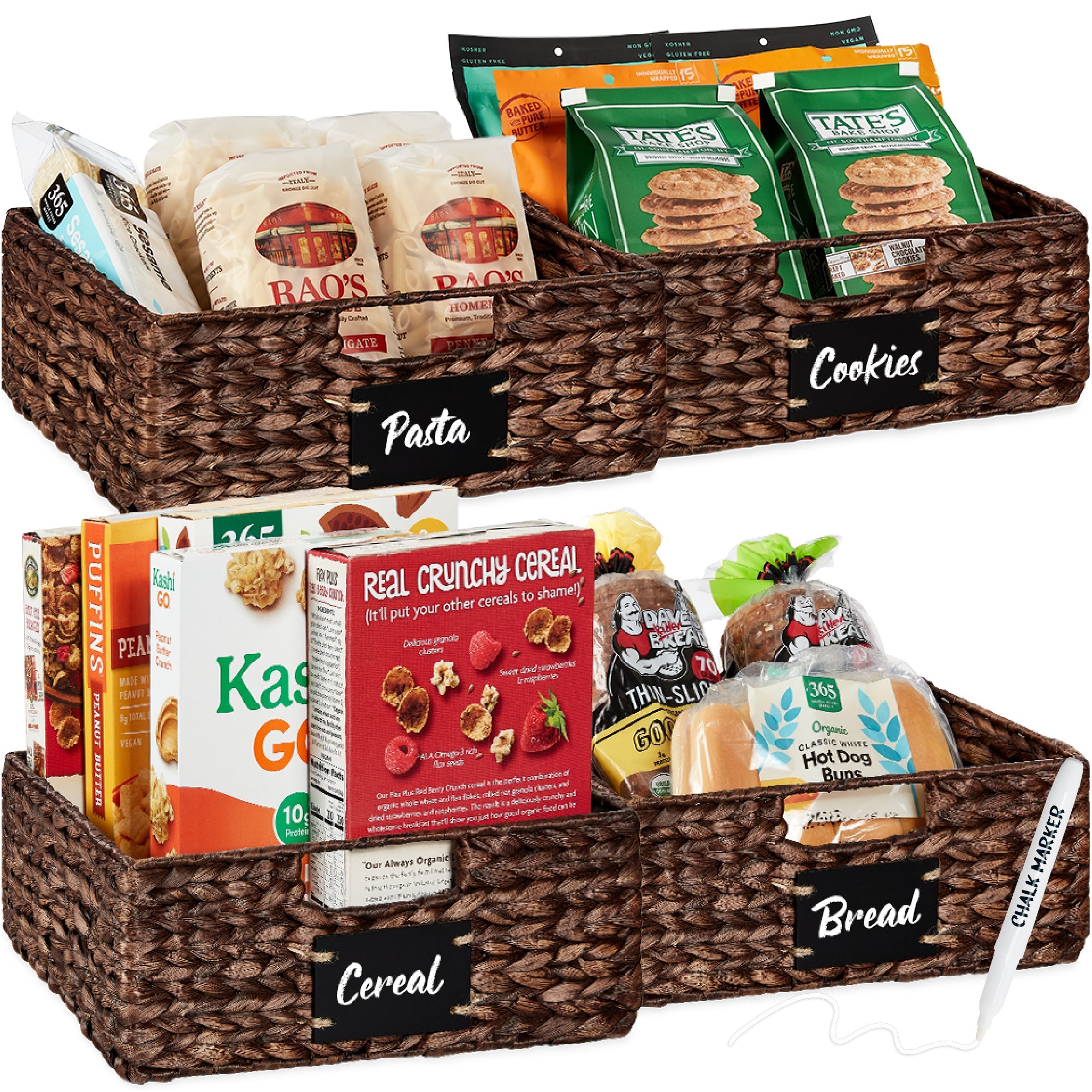 Set of 4 Water Hyacinth Pantry Baskets w/ Chalkboard Marker - 13in