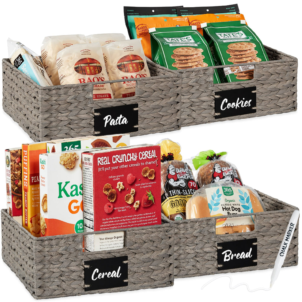 Set of 4 Water Hyacinth Pantry Baskets w/ Chalkboard Marker - 13in