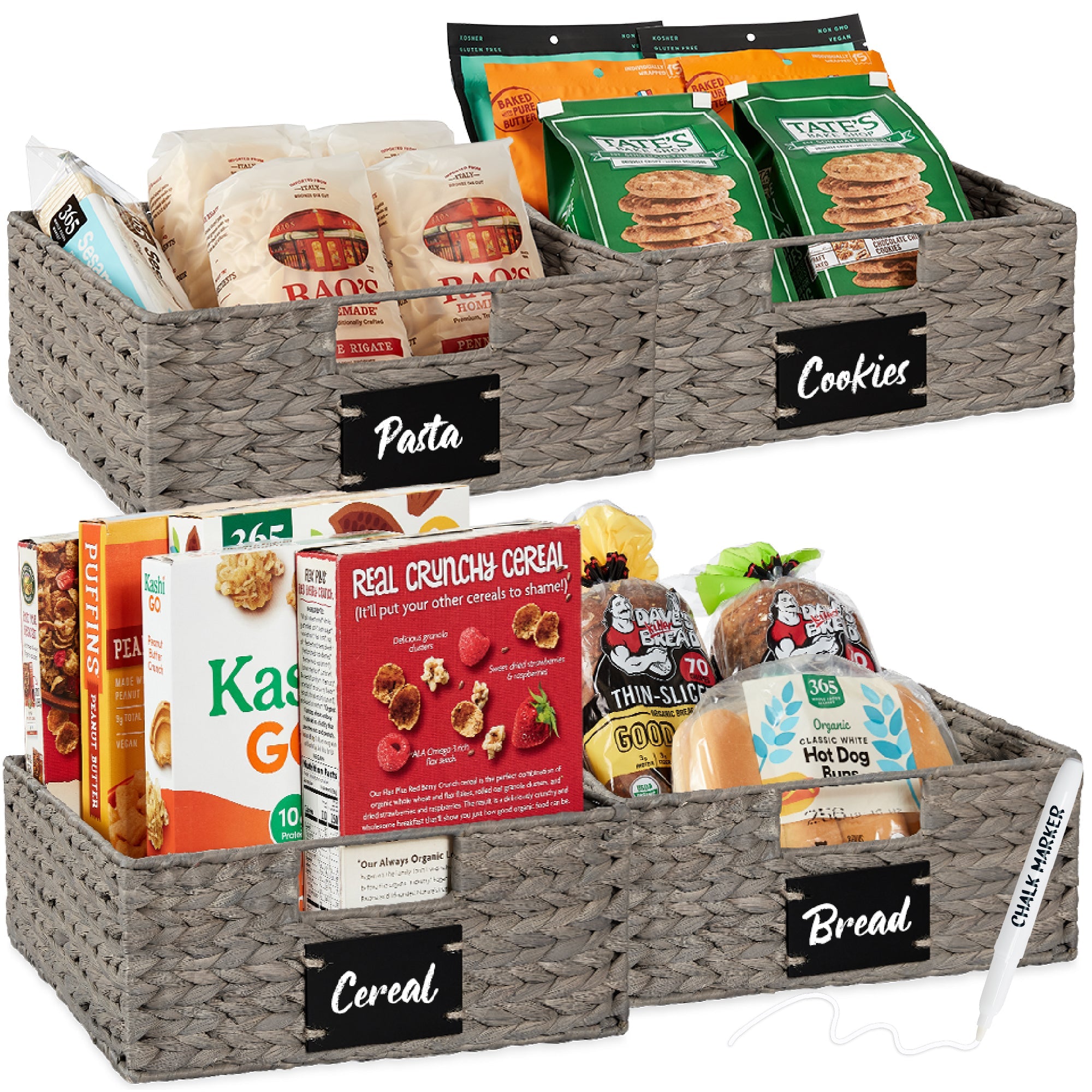 Set of 4 Water Hyacinth Pantry Baskets w/ Chalkboard Marker - 13in