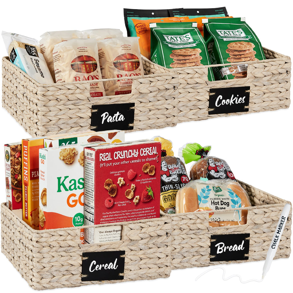 Set of 4 Water Hyacinth Pantry Baskets w/ Chalkboard Marker - 13in