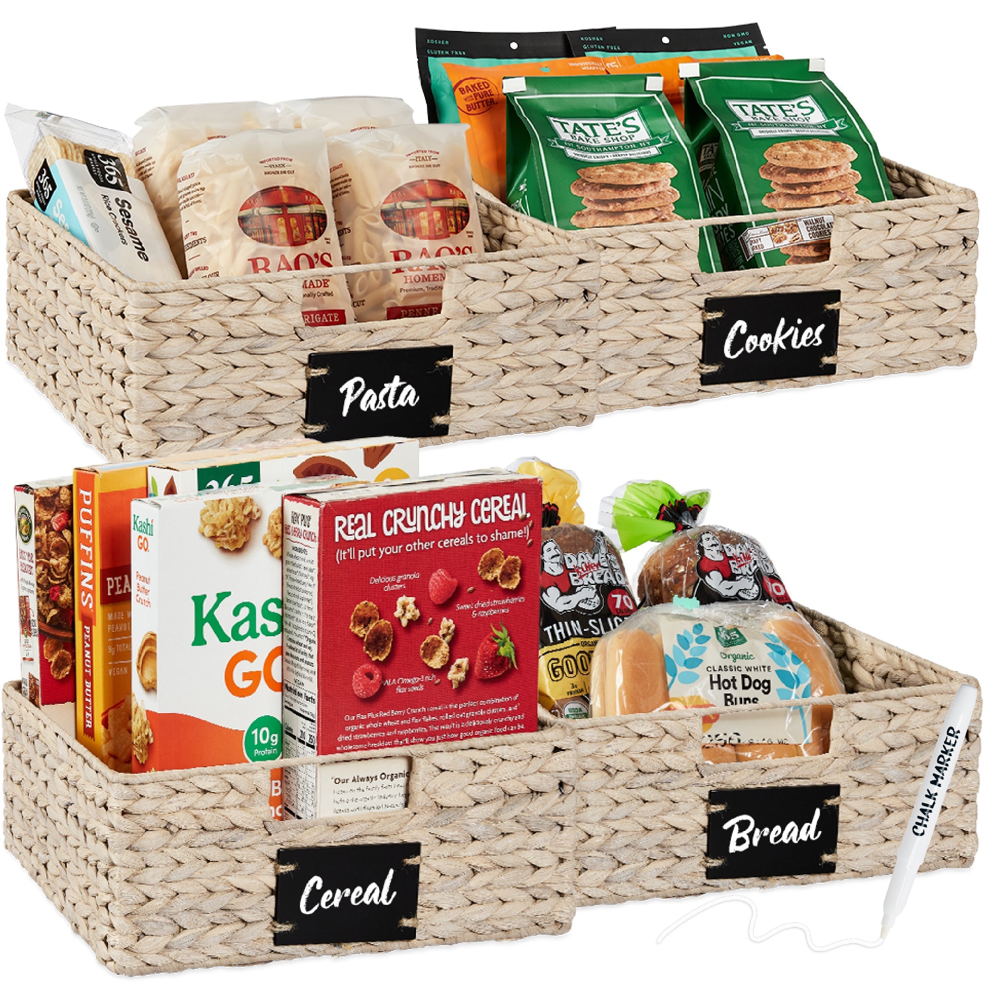 Set of 4 Water Hyacinth Pantry Baskets w/ Chalkboard Marker - 13in