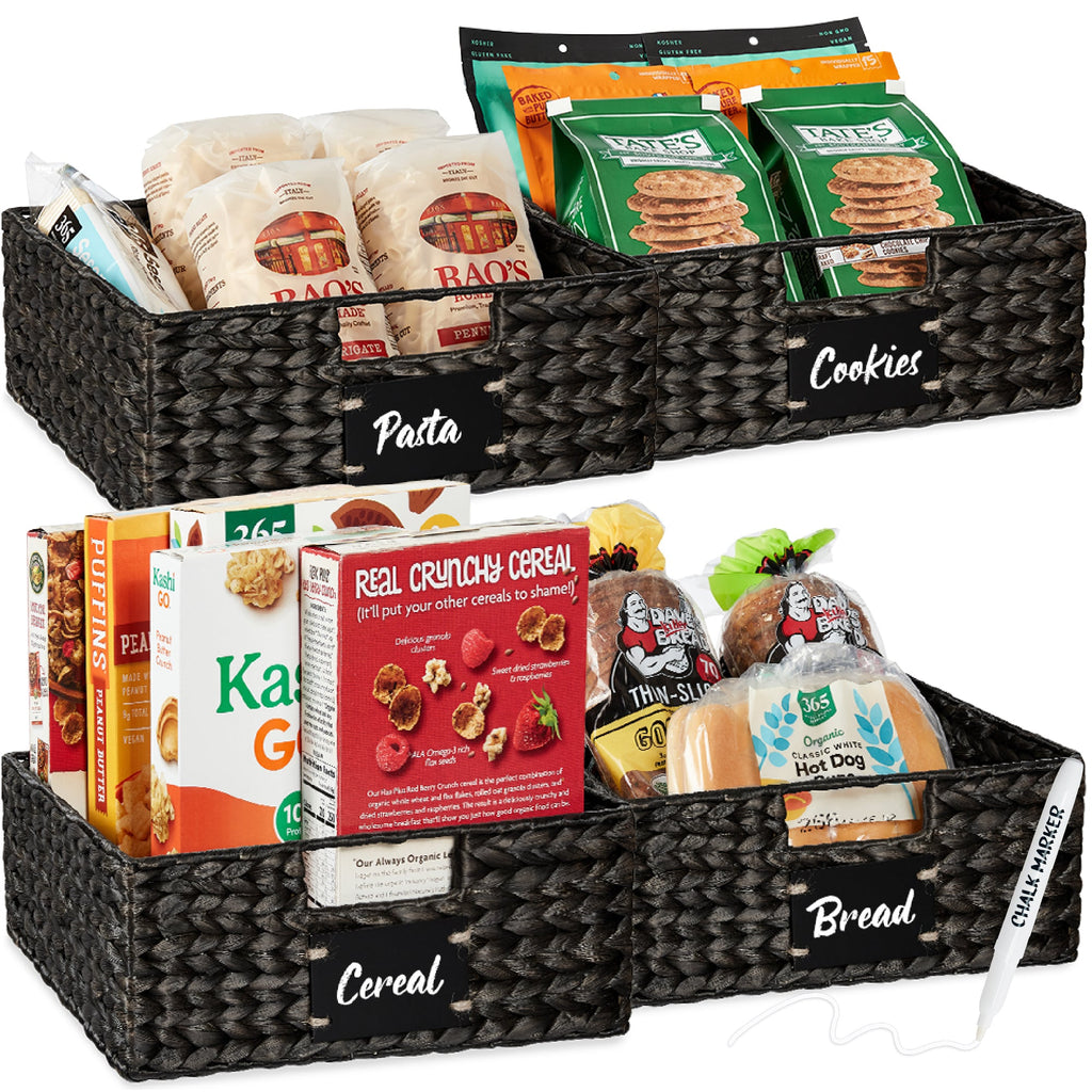 Set of 4 Water Hyacinth Pantry Baskets w/ Chalkboard Marker - 13in